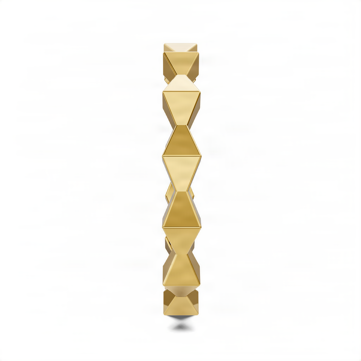 Faceted gold sculpture ring with stacked geometric shapes, polished band
