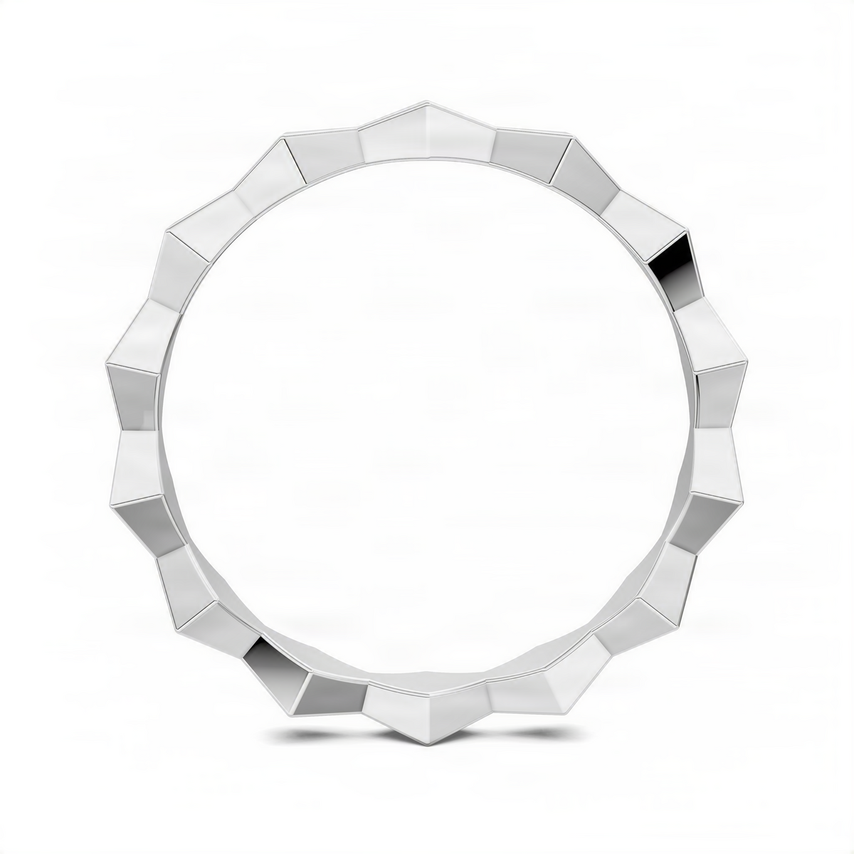 Geometric sculpture ring with polished facets, silver-tone, front view of band.