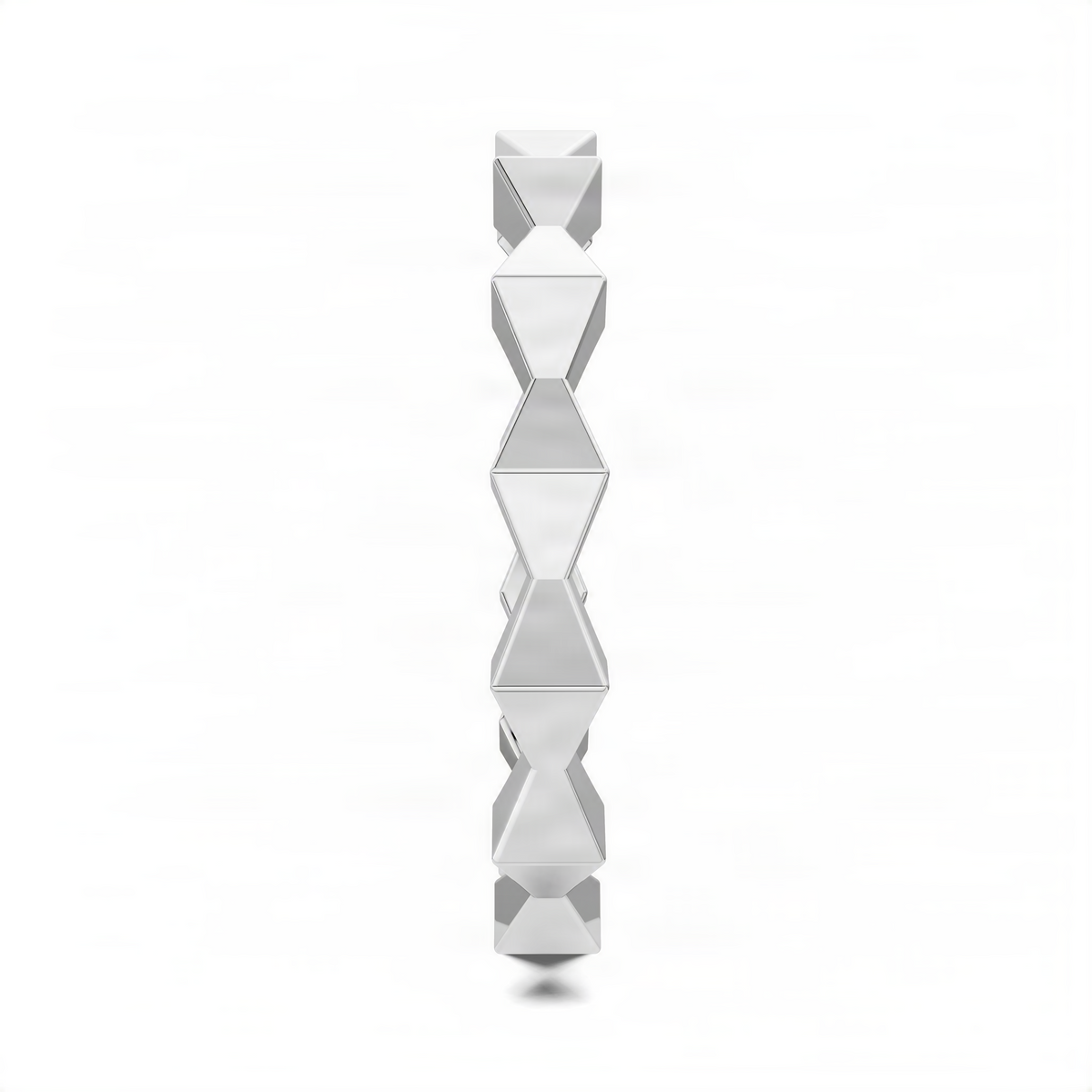 Geometric sculpture-style ring with polished facets, silver-tone, vertical view.