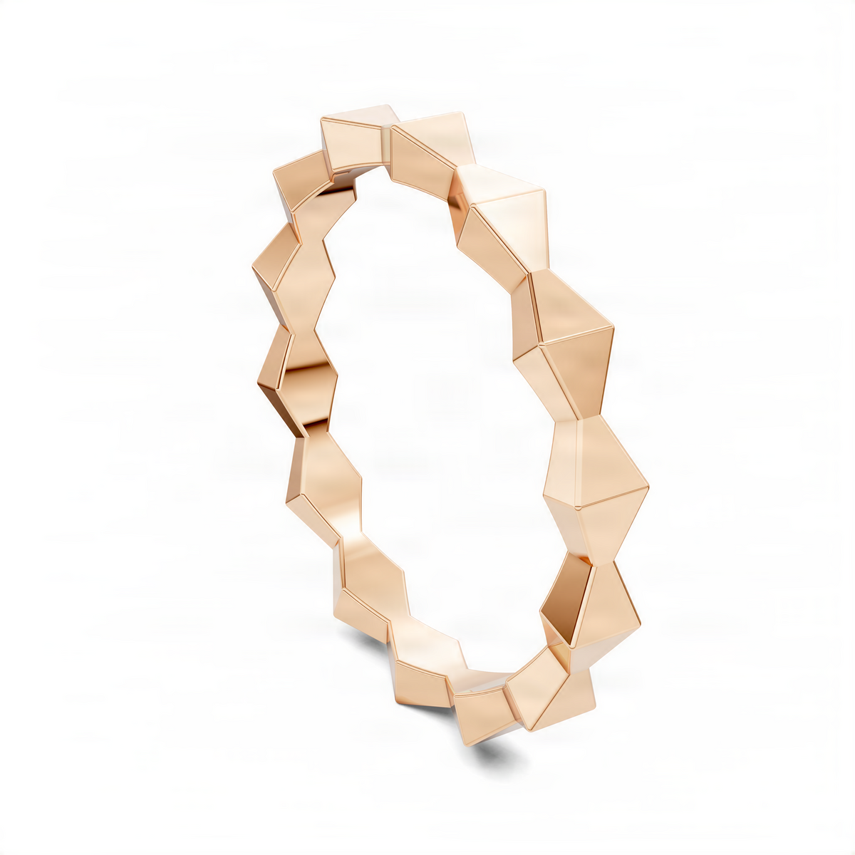 Geometric sculpture-style ring with polished facets, rose-gold tone band.
