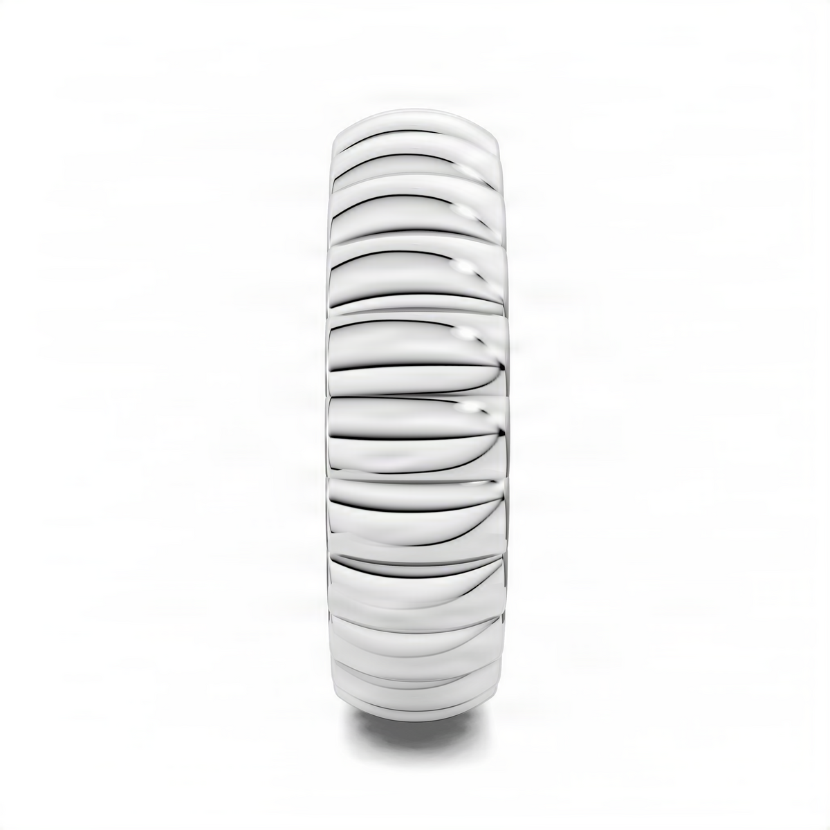 Puffy bold ring in white gold, side view of rounded scalloped band with glossy finish
