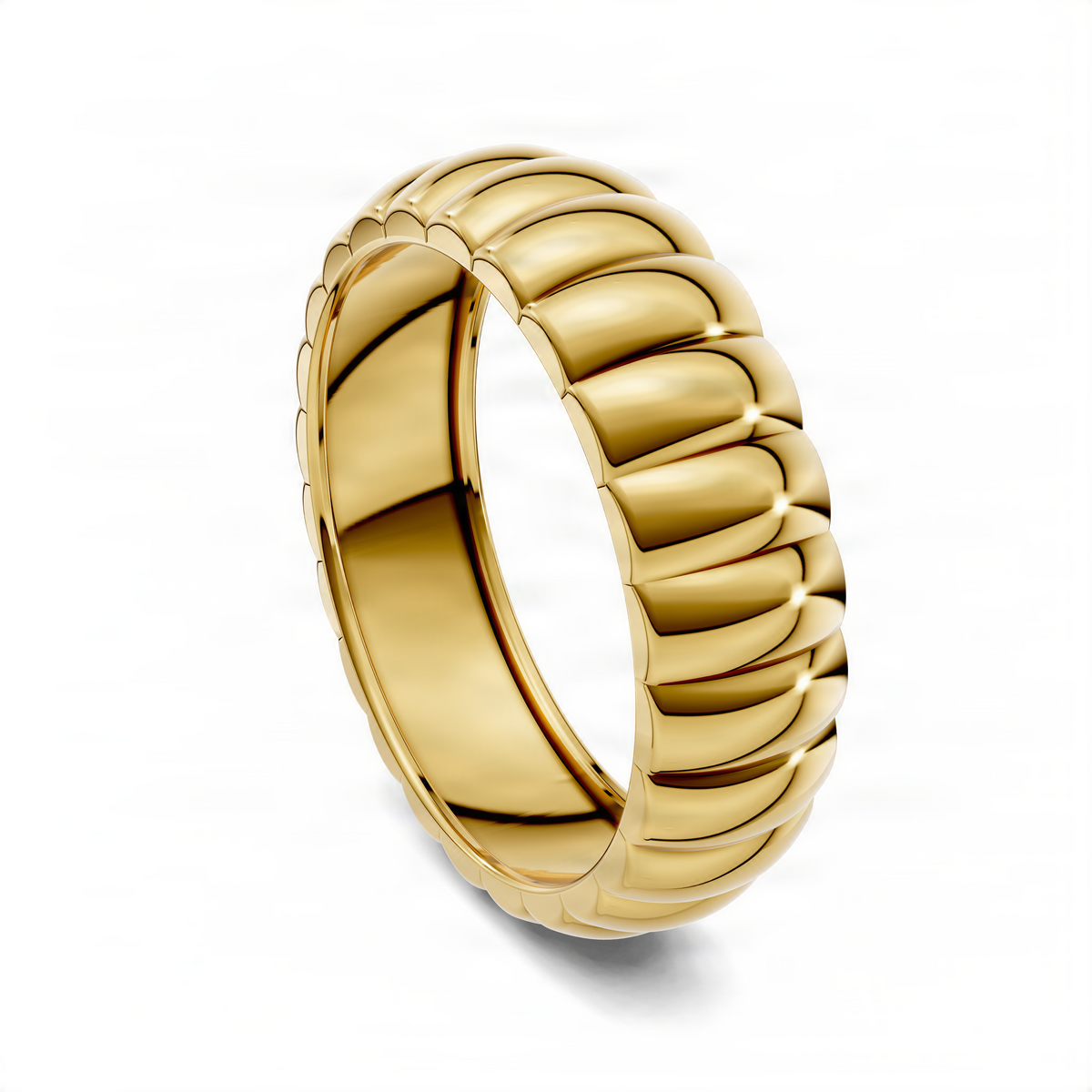 Puffy bold ring in yellow gold, side view with rounded scalloped band, polished finish