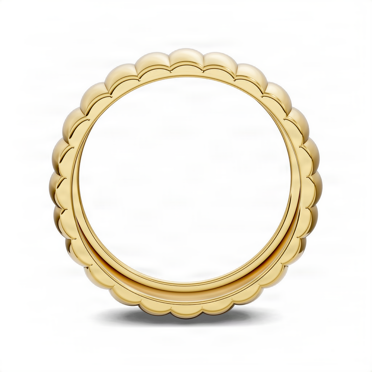 Puffy bold ring in yellow gold with scalloped rounded segments, shiny polished finish