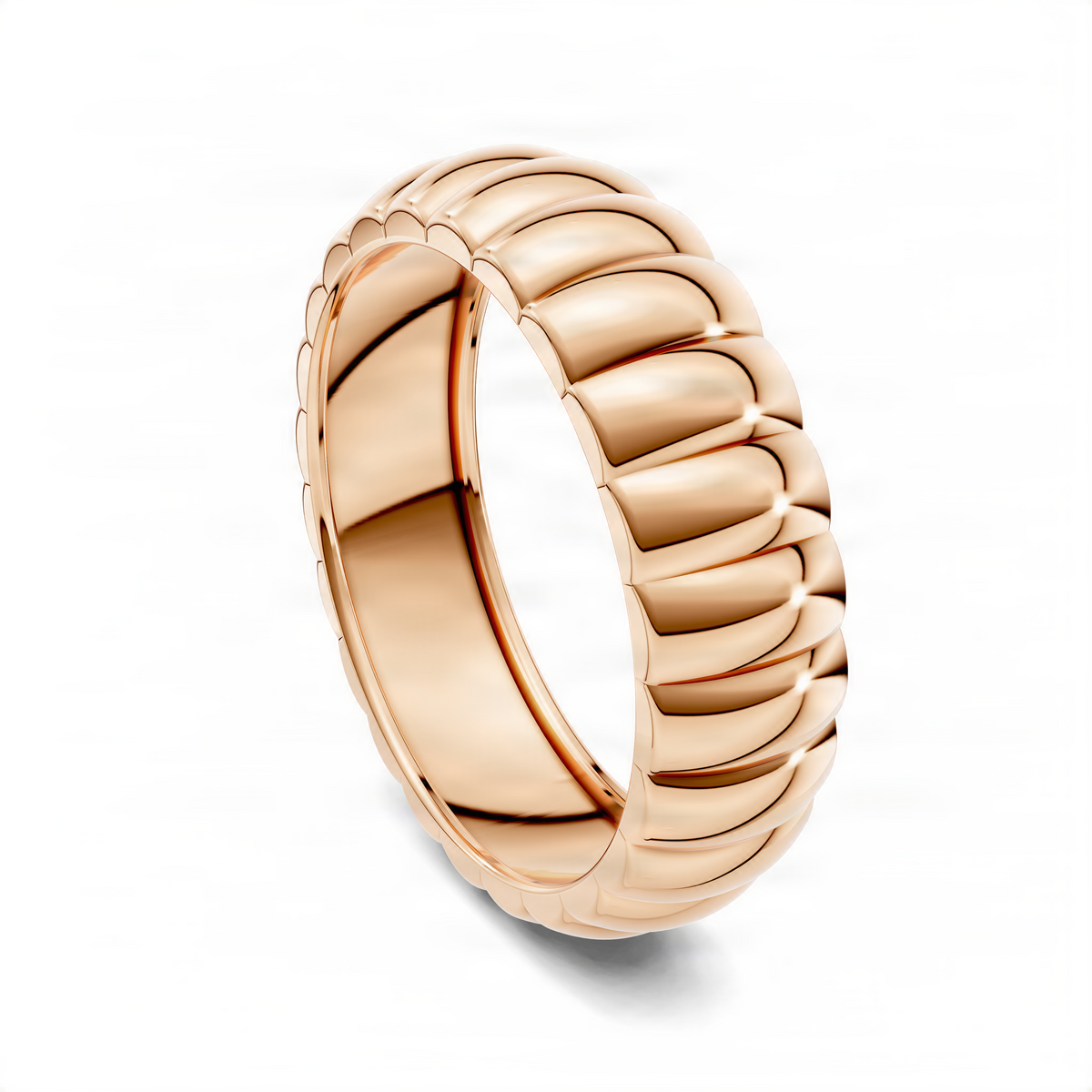 Puffy bold ring in rose gold with rounded scalloped bands, high-polish shine