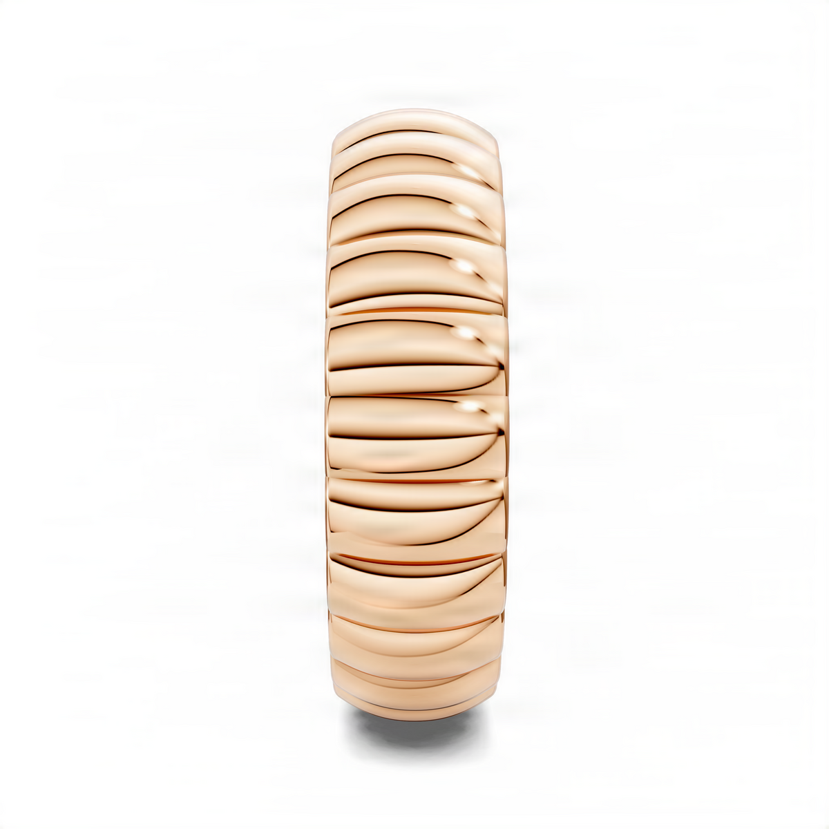 Rose gold puffy bold ring with horizontal ridges, sleek curved profile