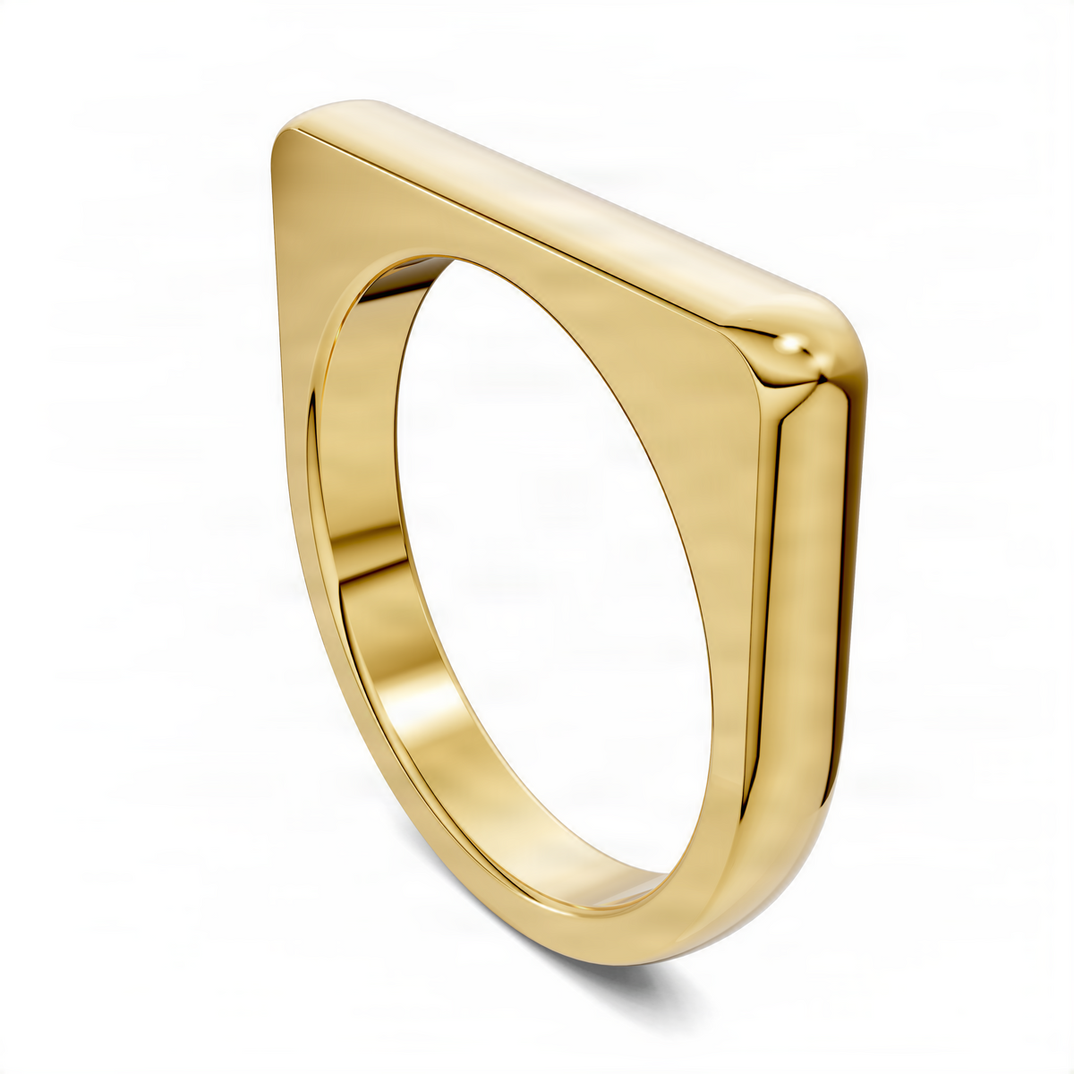 Bold stacker ring in yellow gold, angled view of squared top edge