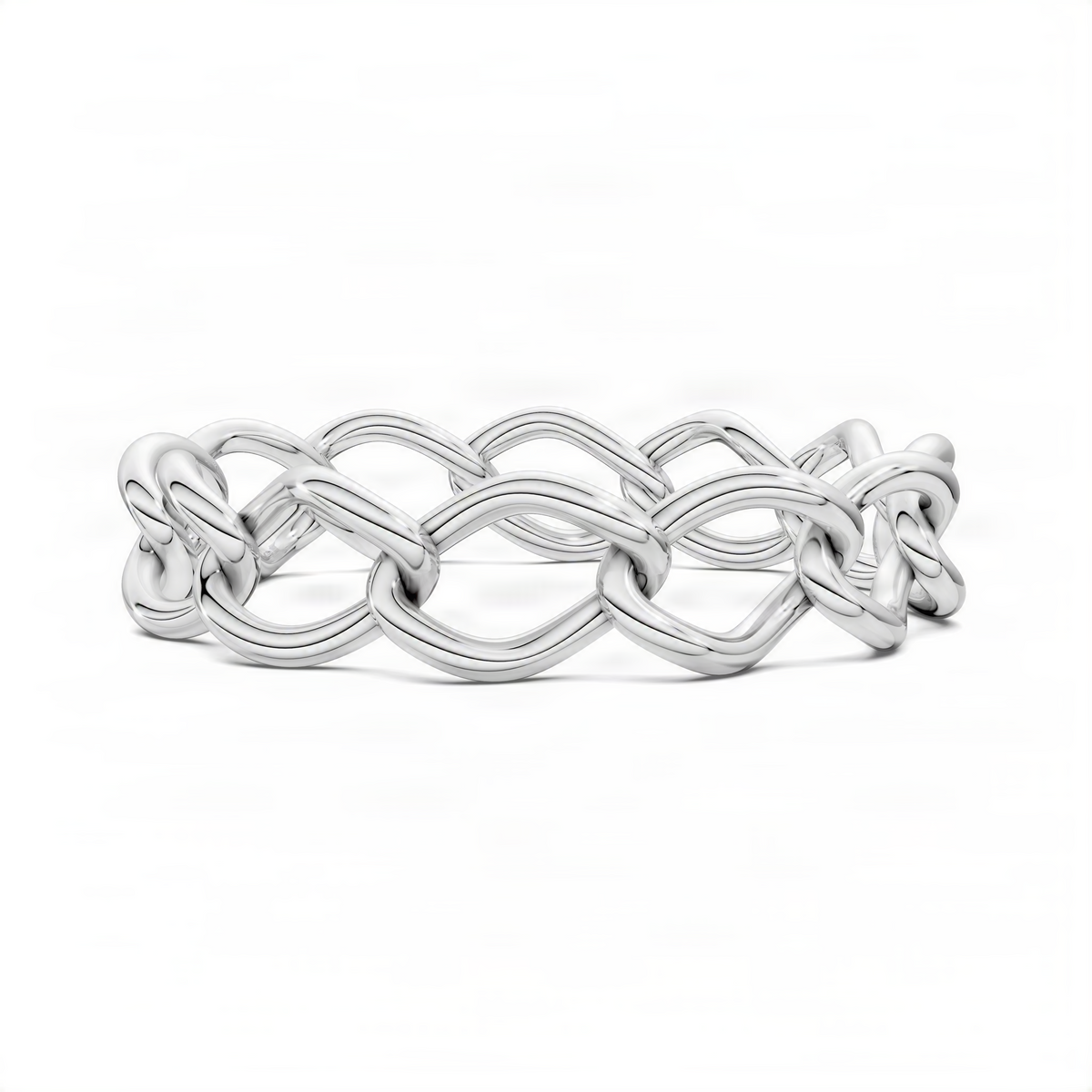 White gold chain link ring with interwoven oval links, polished shine.
