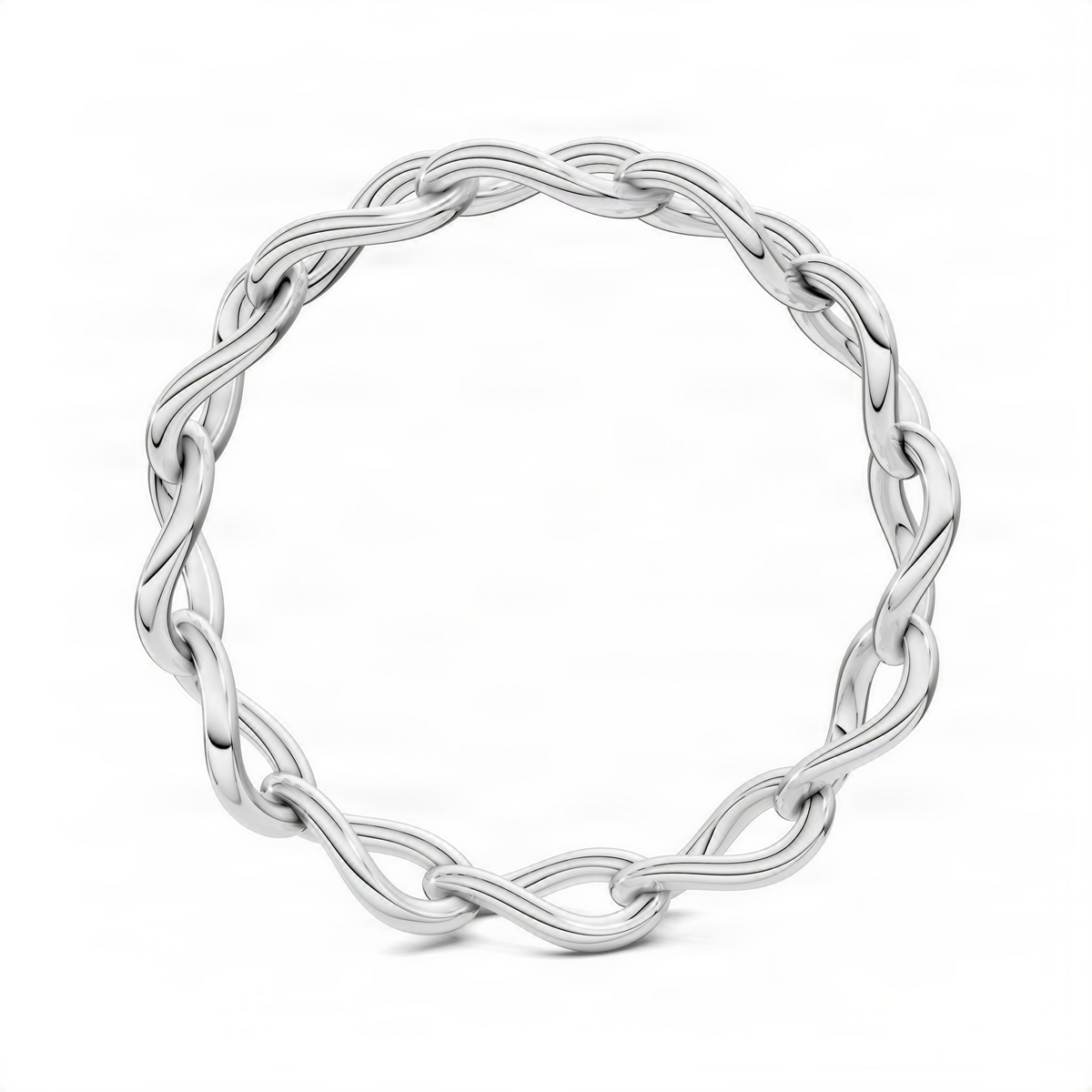 White gold chain link ring, top view with interwoven oval links forming a band.