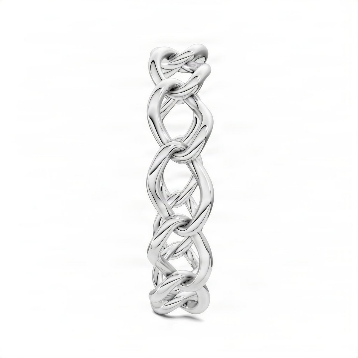 White gold chain link ring, narrow side profile with interlocking oval links.