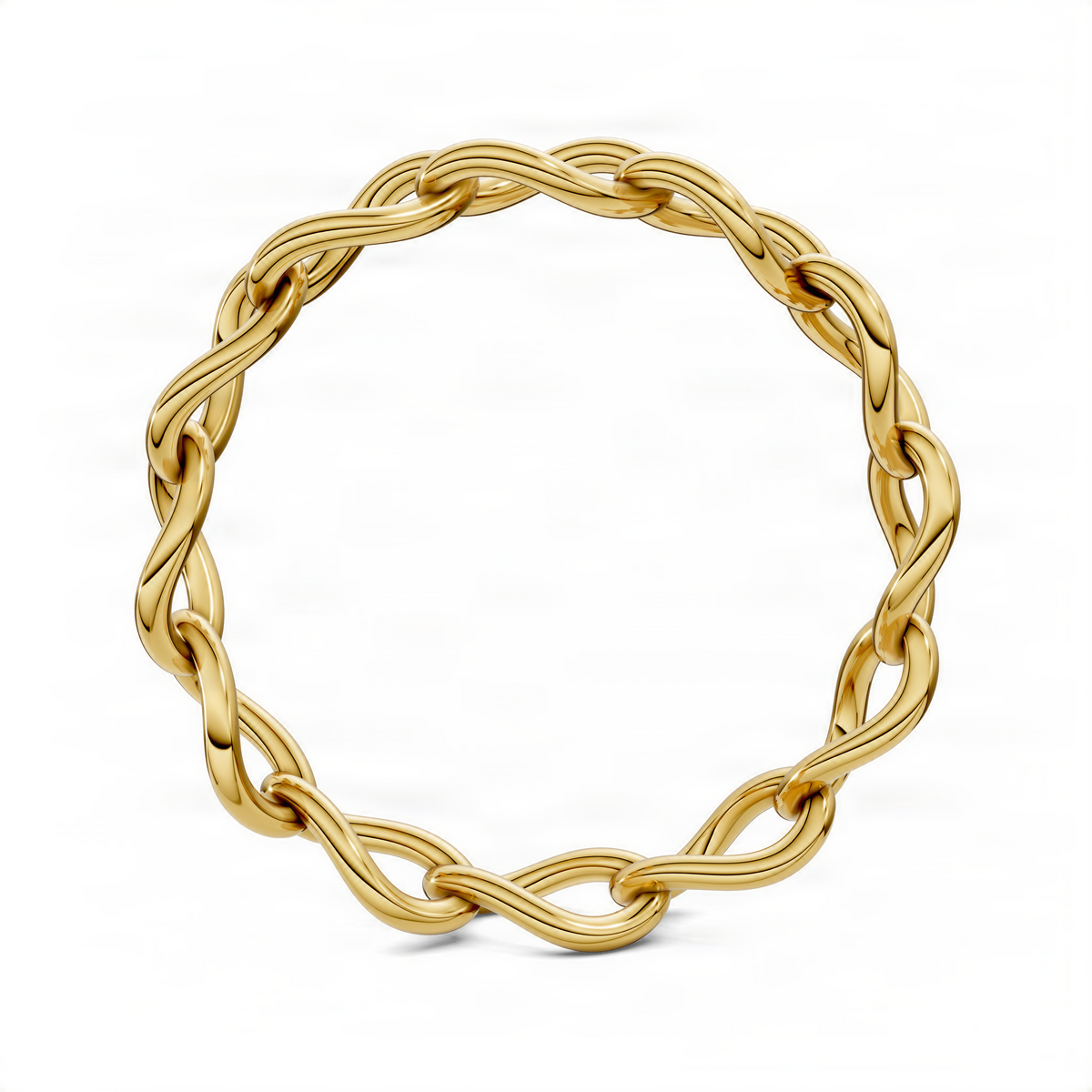 Yellow gold chain link ring, top view with interwoven oval links forming a loop.