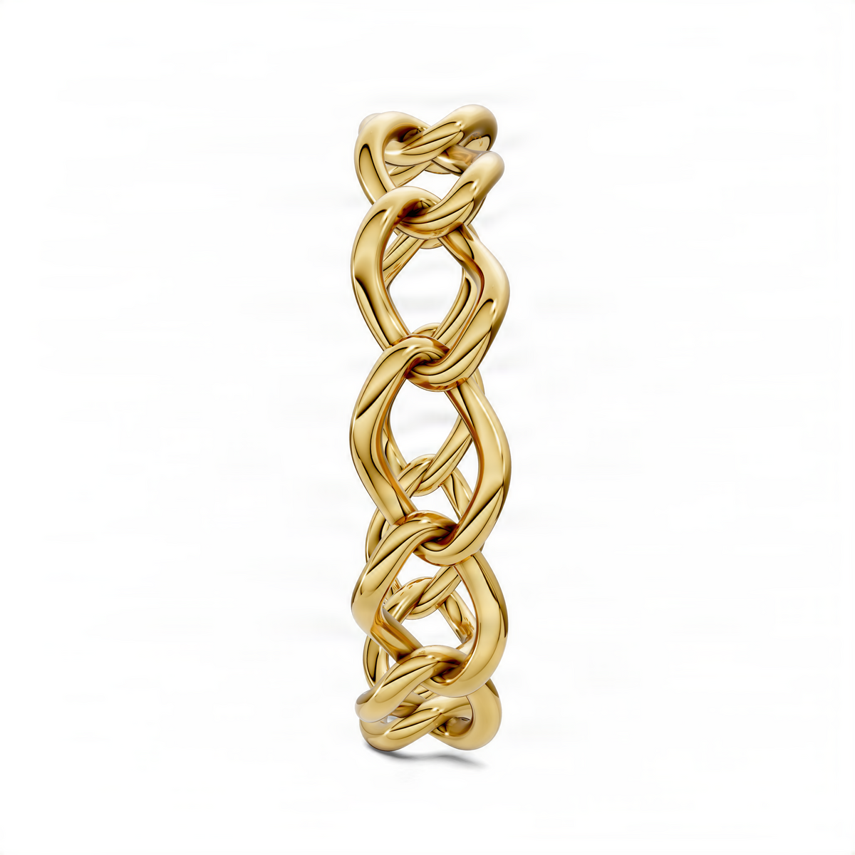 Yellow gold chain link ring, side view with interwoven oval links and polished surface.