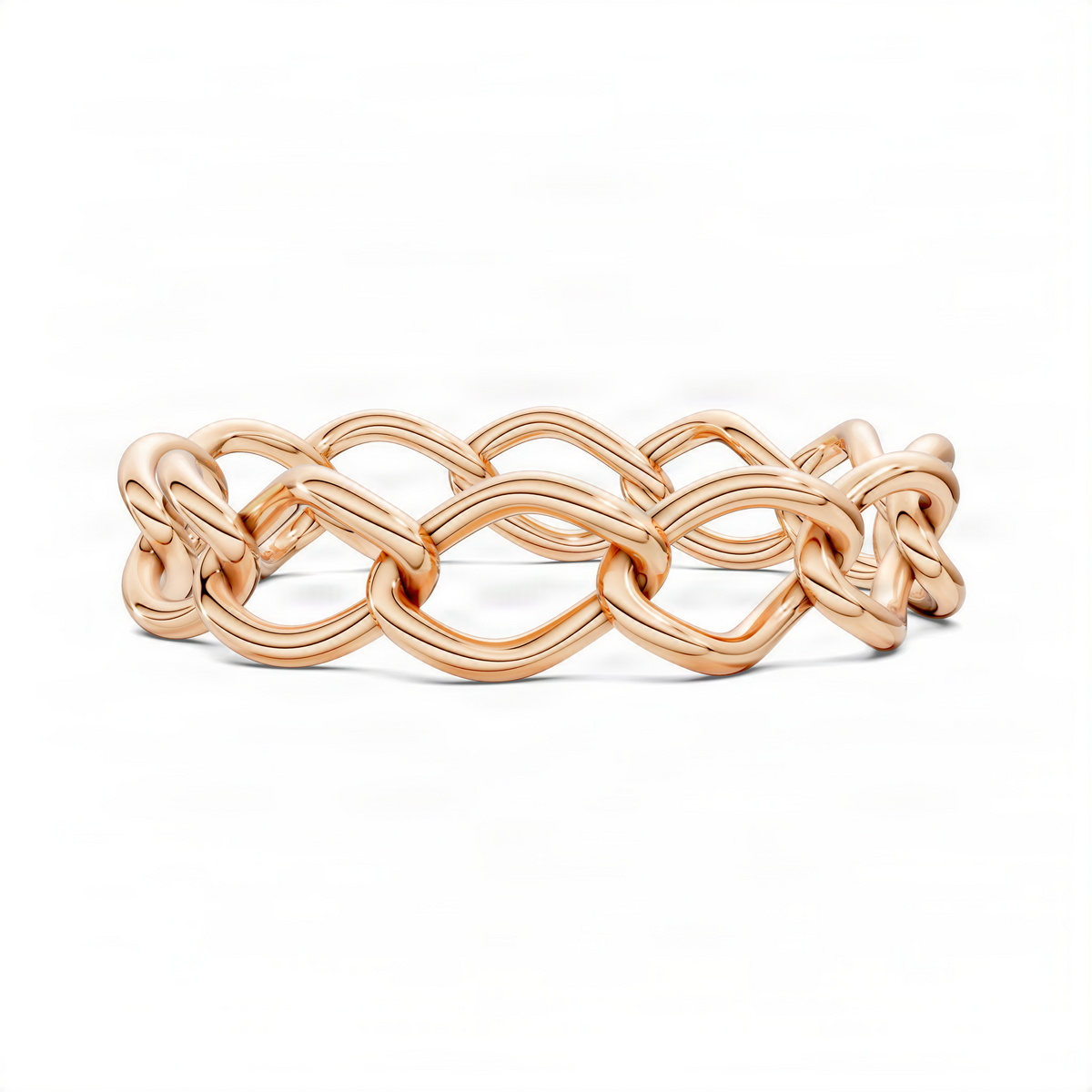 Rose gold chain link ring with interwoven loops, front view