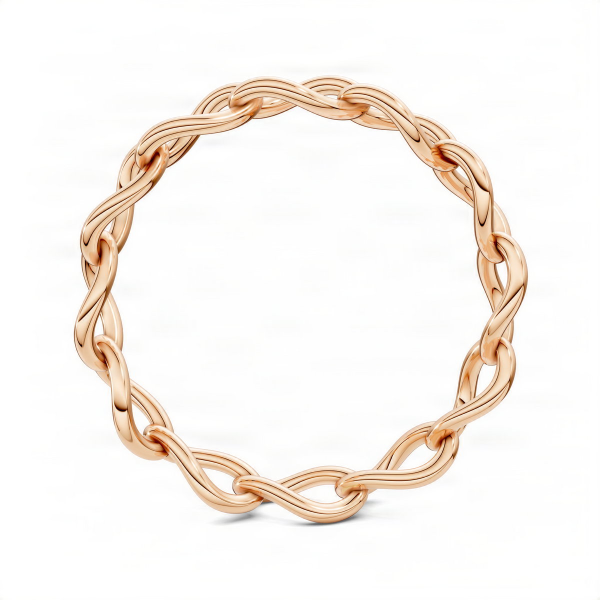 Rose gold chain link ring with interwoven oval links, glossy polished finish.