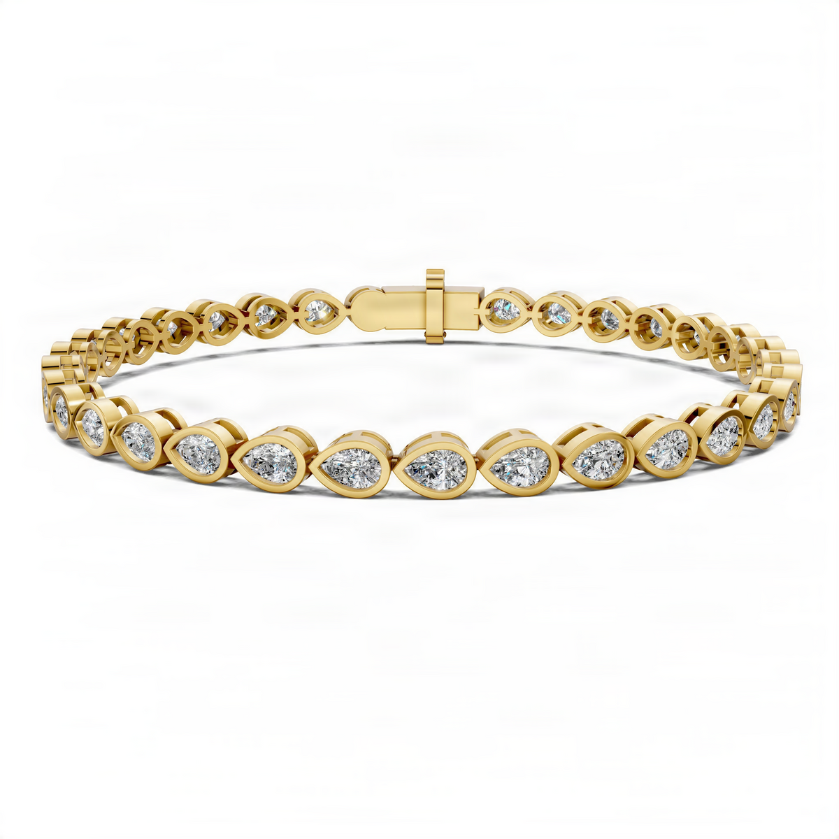 Yellow gold bezel diamond tennis bracelet with oval settings and clasp