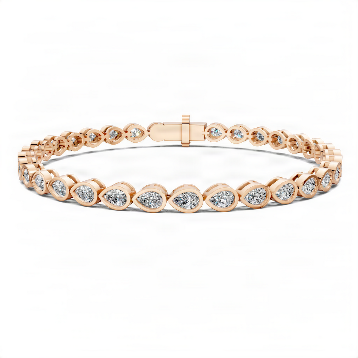 Rose gold bezel diamond tennis bracelet with oval settings and rectangular clasp