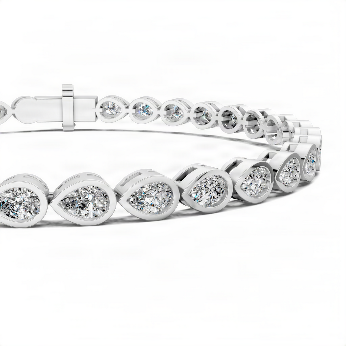 White gold bezel diamond bracelet with oval links and secure clasp