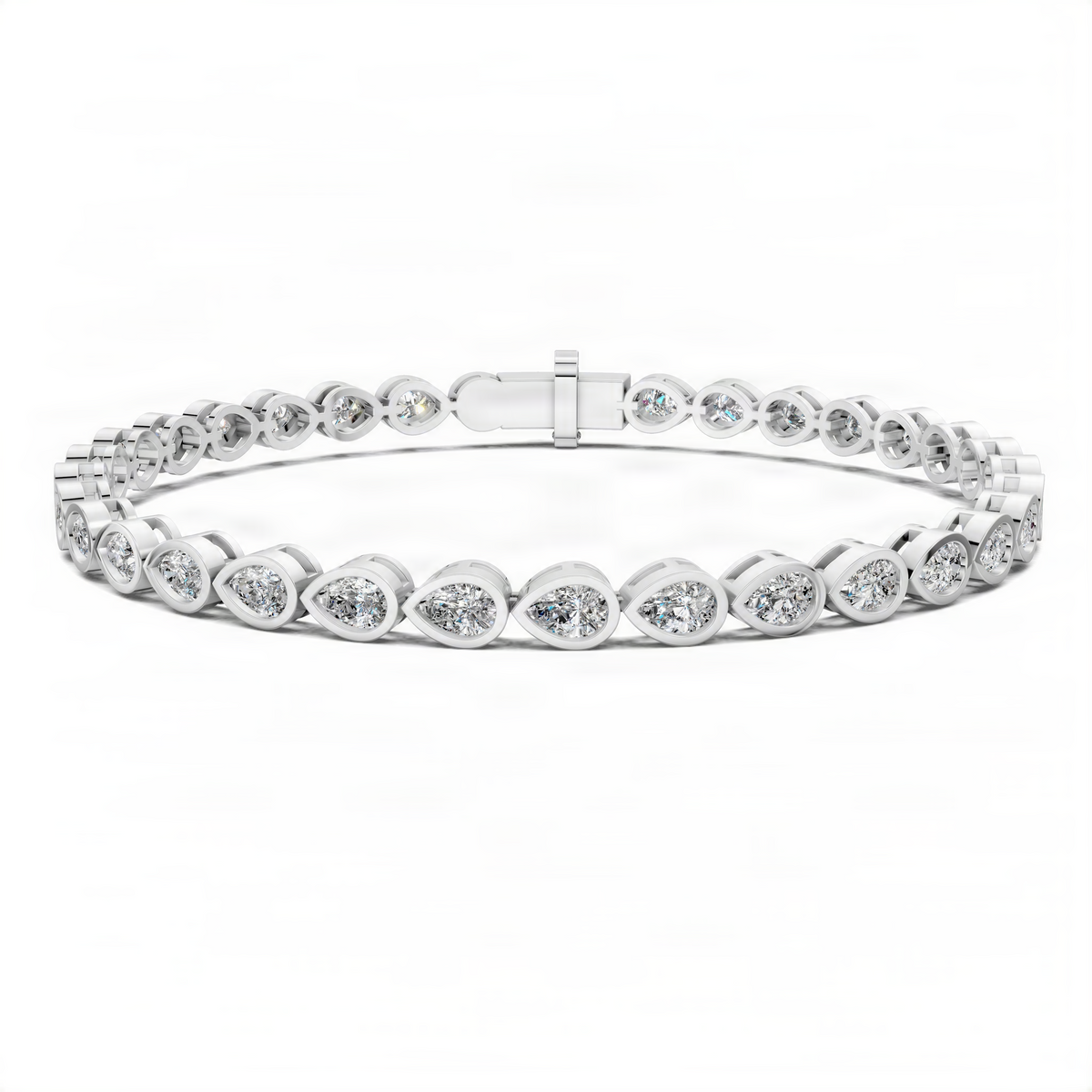 White gold bezel diamond tennis bracelet with oval settings and rectangular clasp