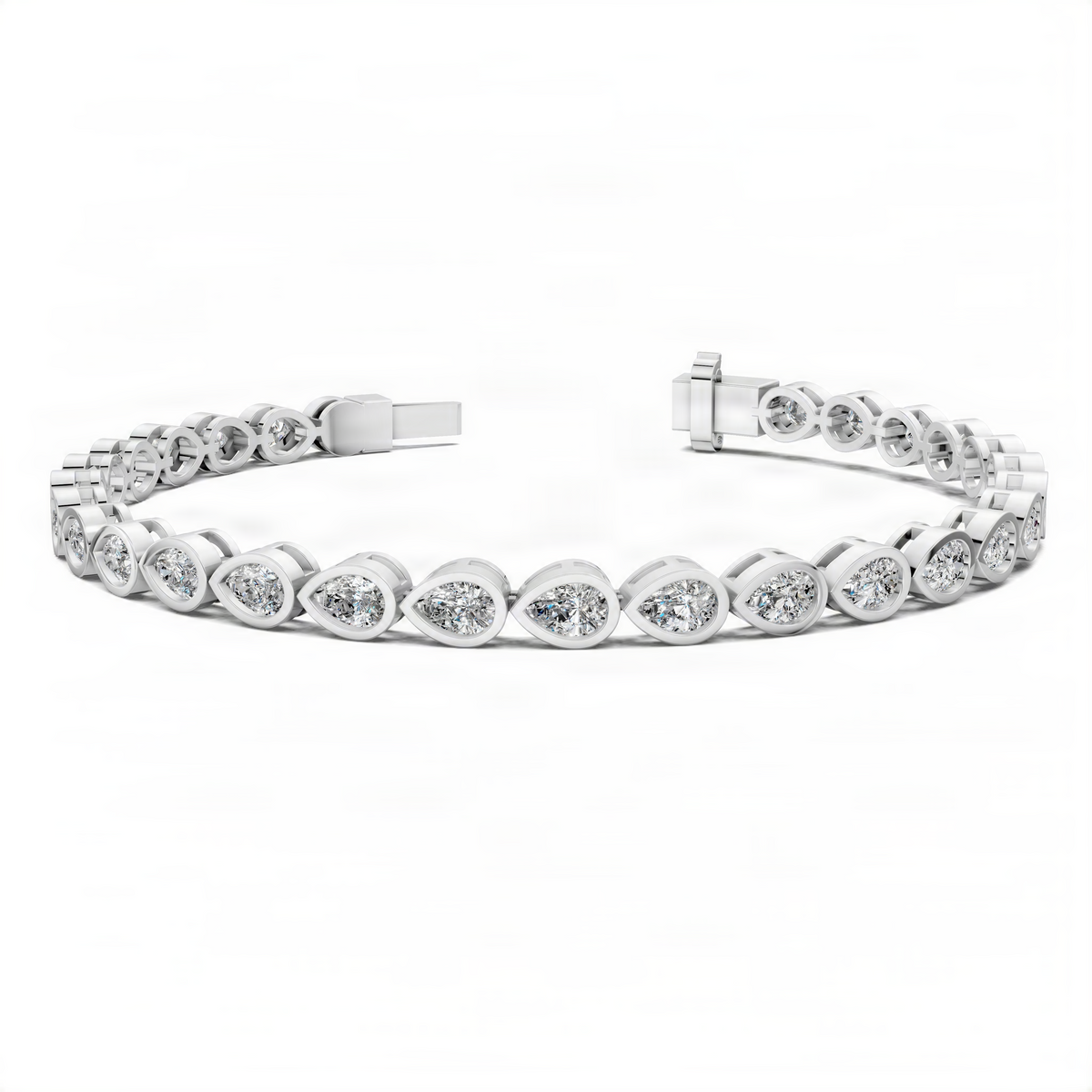 White gold bezel diamond bracelet with oval bezel stones and secure clasp