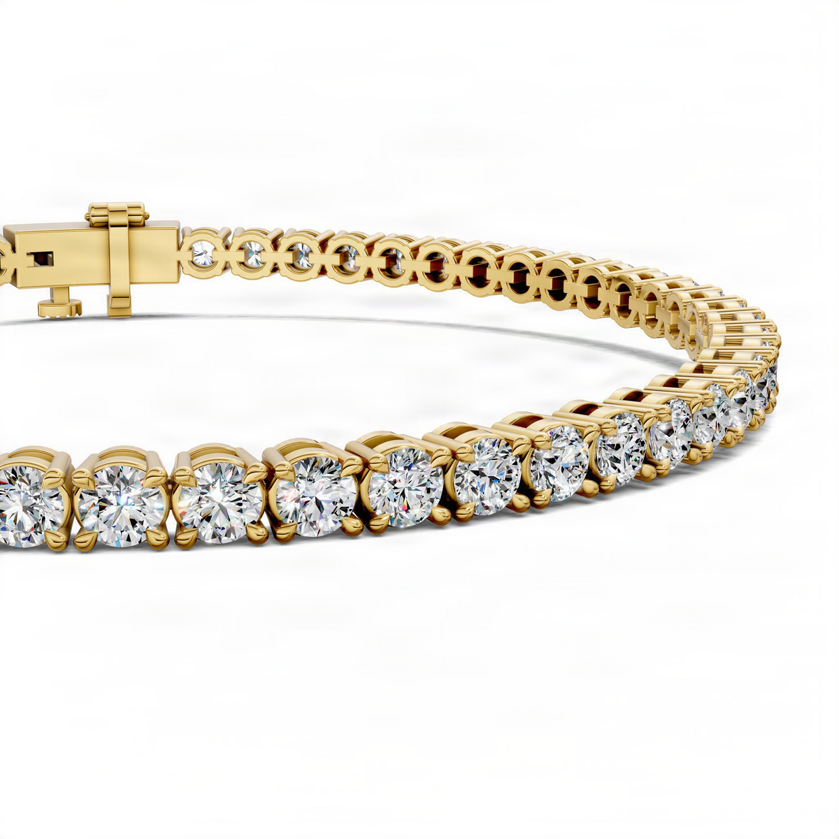 Rose gold tennis bracelet with round lab diamonds along the front row.