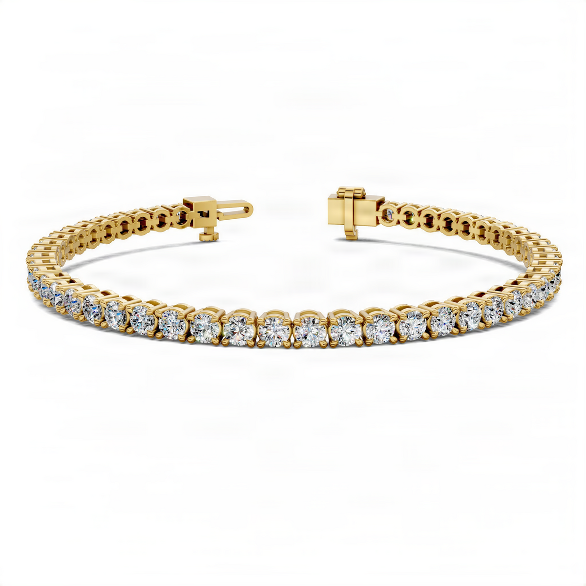 Rose gold tennis bracelet with round lab diamonds and open hinge clasp.