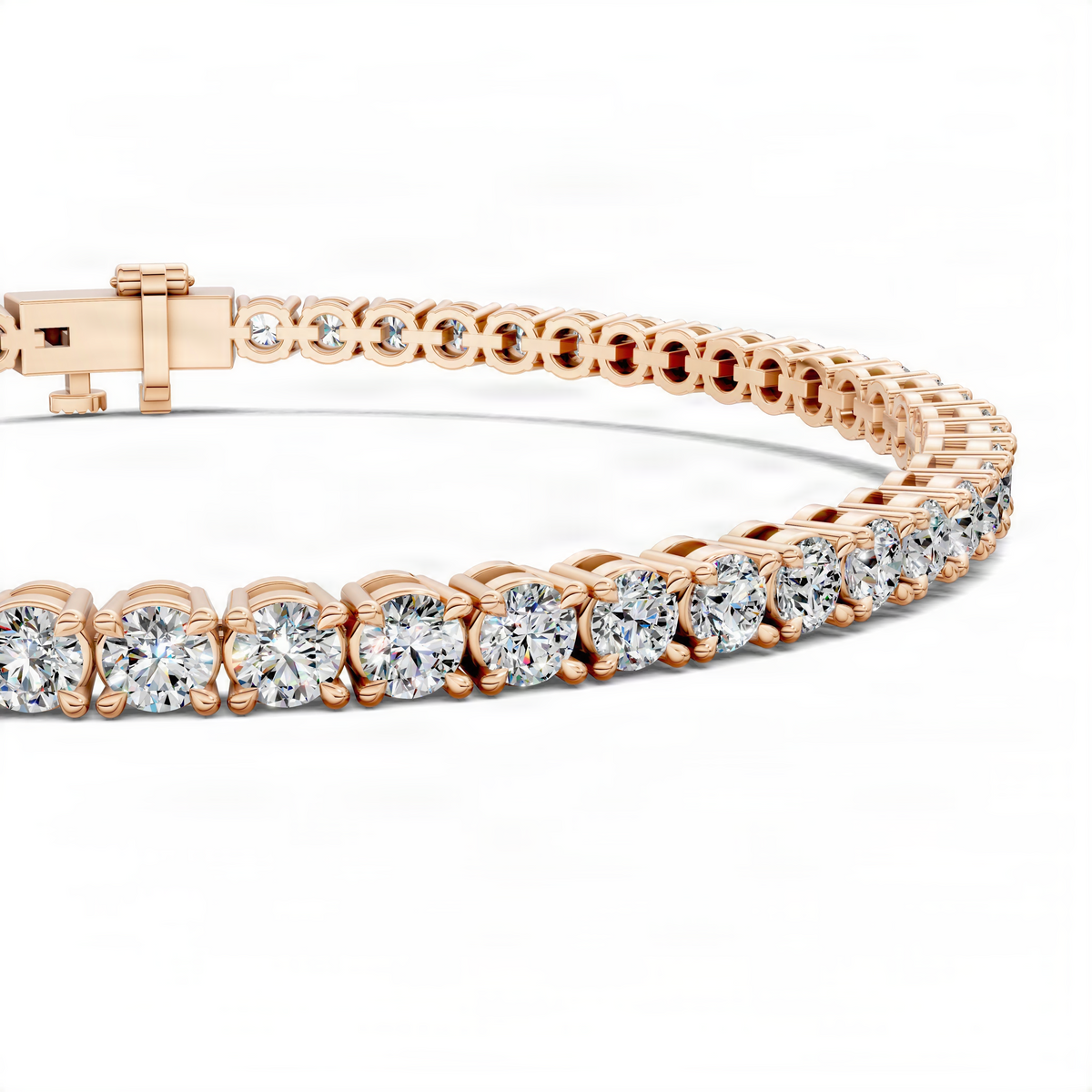 Rose gold tennis bracelet with round lab diamonds and detailed prong setting.