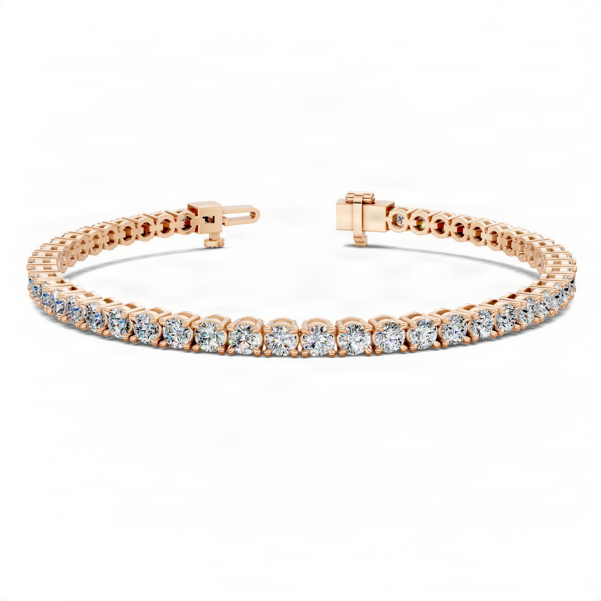 Rose gold tennis bracelet with round lab diamonds and hinged clasp.