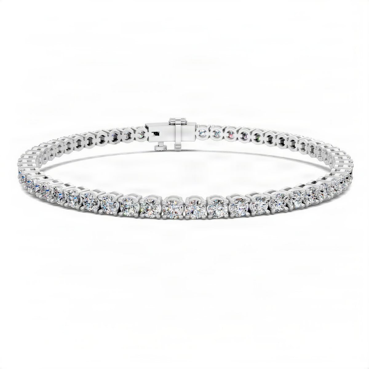 White gold tennis bracelet with round lab diamonds and rectangular clasp.