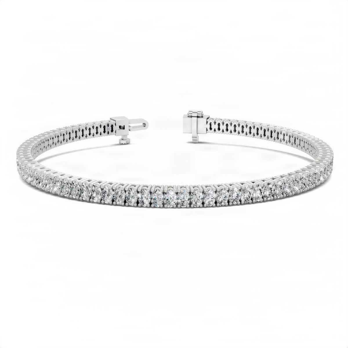 Diamond tennis bracelet in white metal with round stones and box clasp