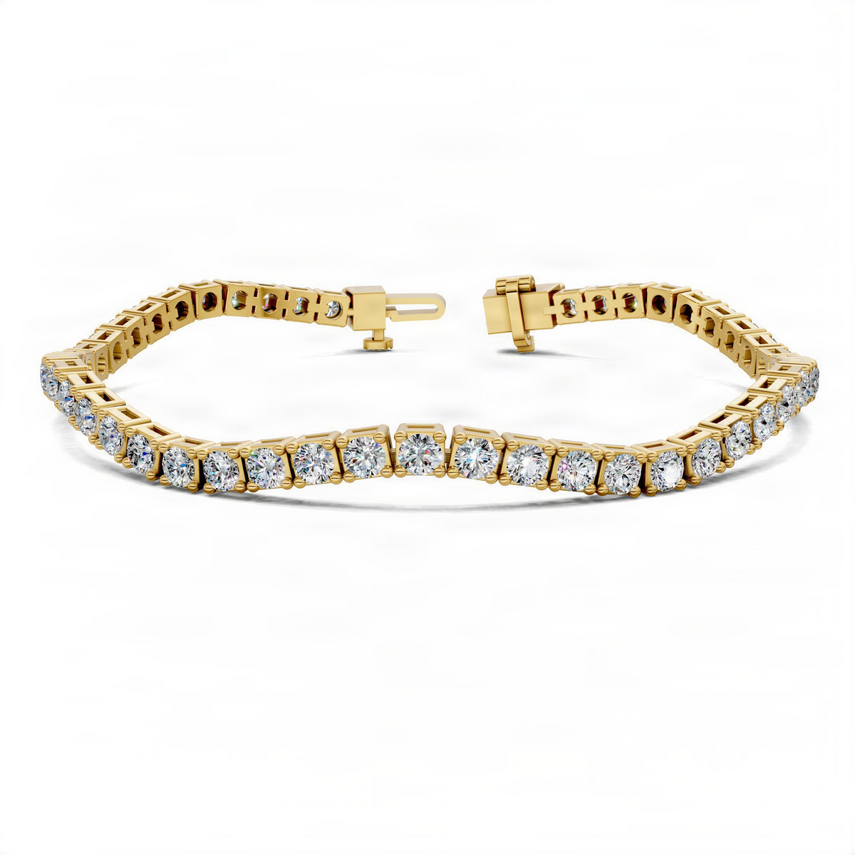 Yellow gold tennis bracelet with square-cut diamond-style stones in a row