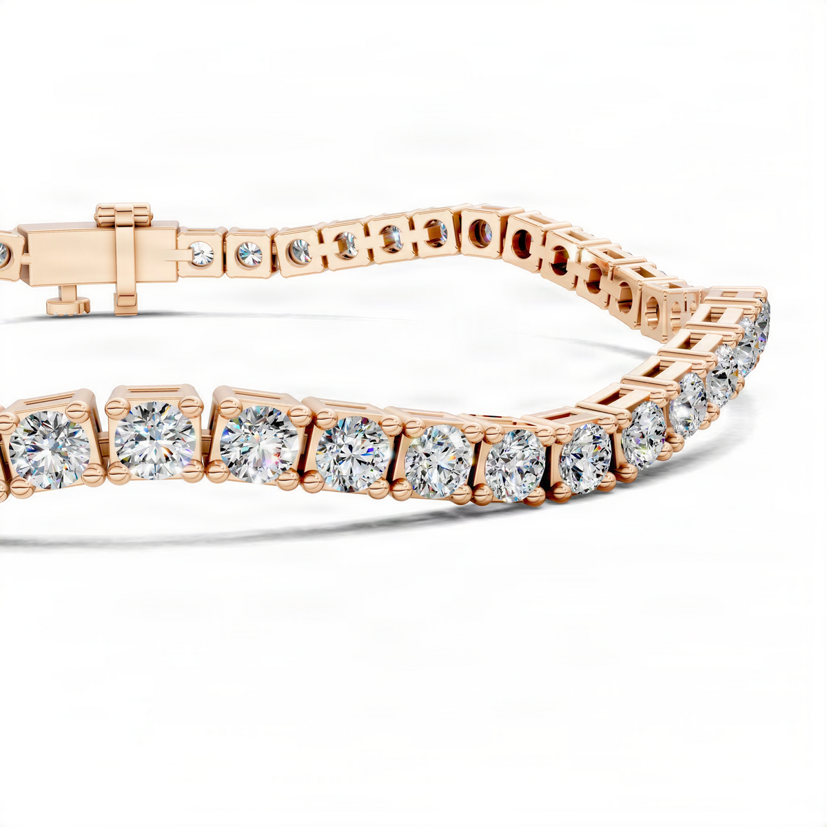 Rose gold tennis bracelet with rectangular diamond-style stones along the link band