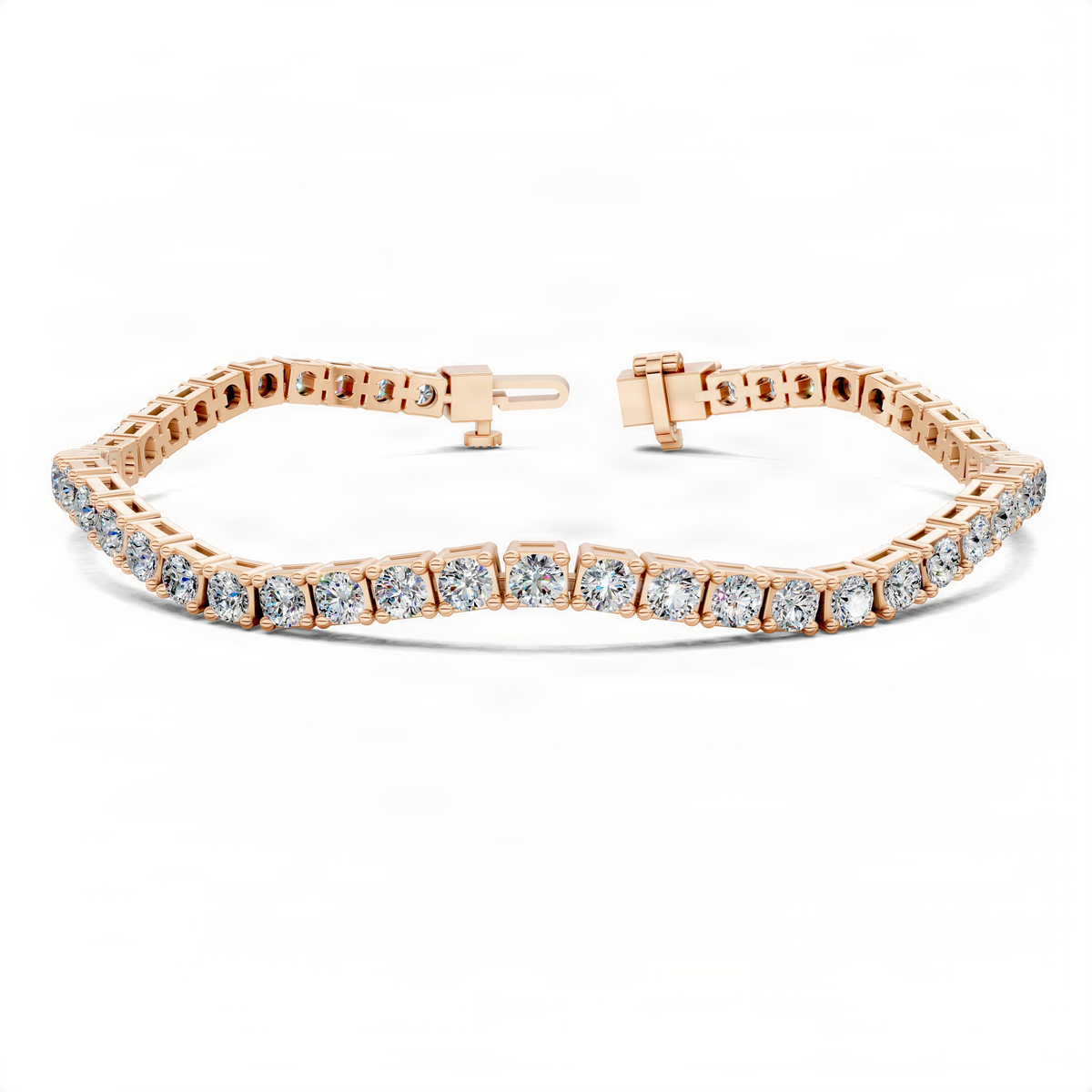Rose gold tennis bracelet with sparkling diamond-style stones set in a wide band