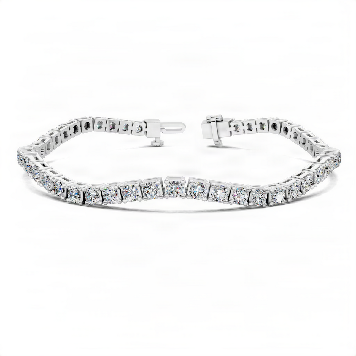 White gold tennis bracelet with diamond-style stones and a secure clasp