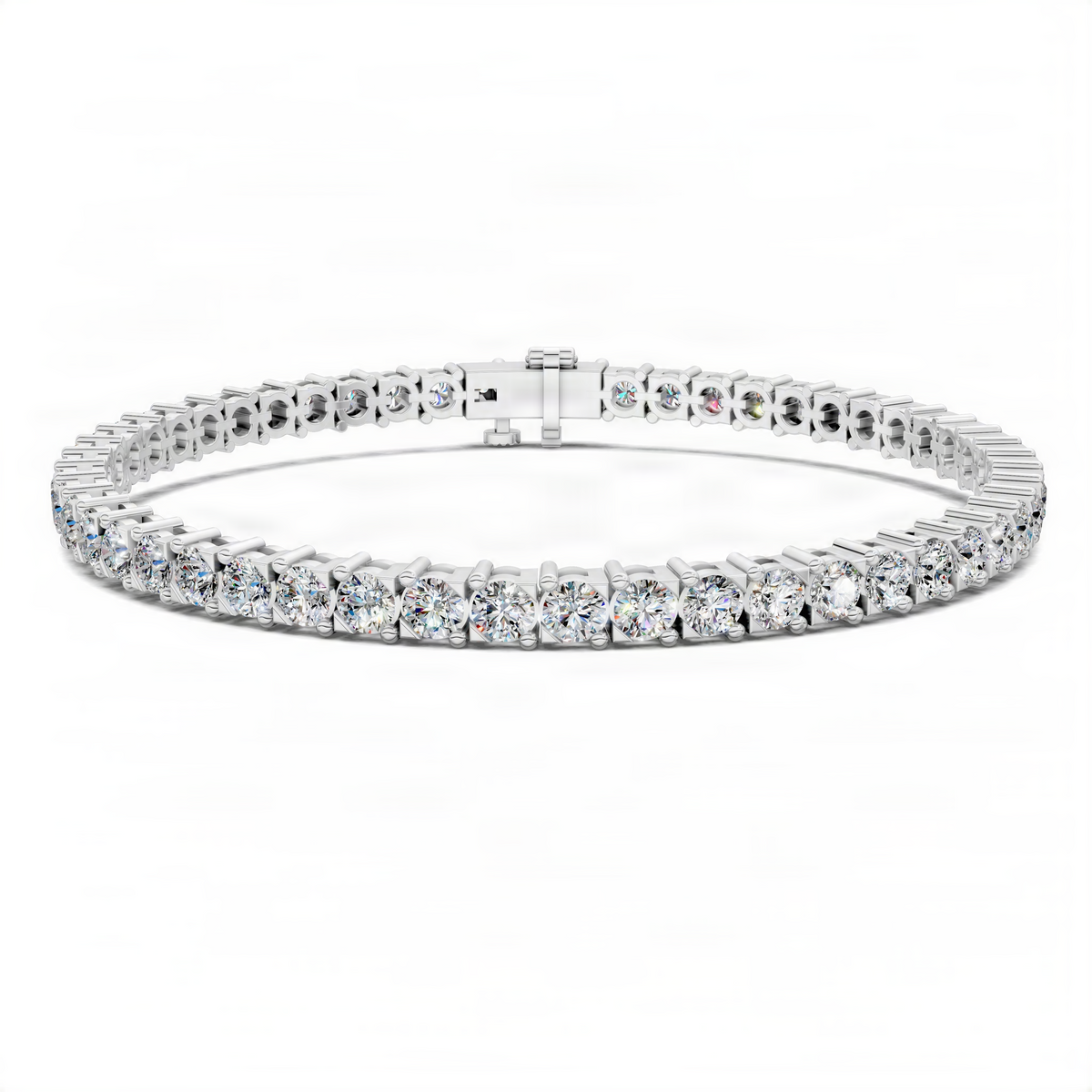 Prong-set tennis bracelet with round sparkling stones on white metal links