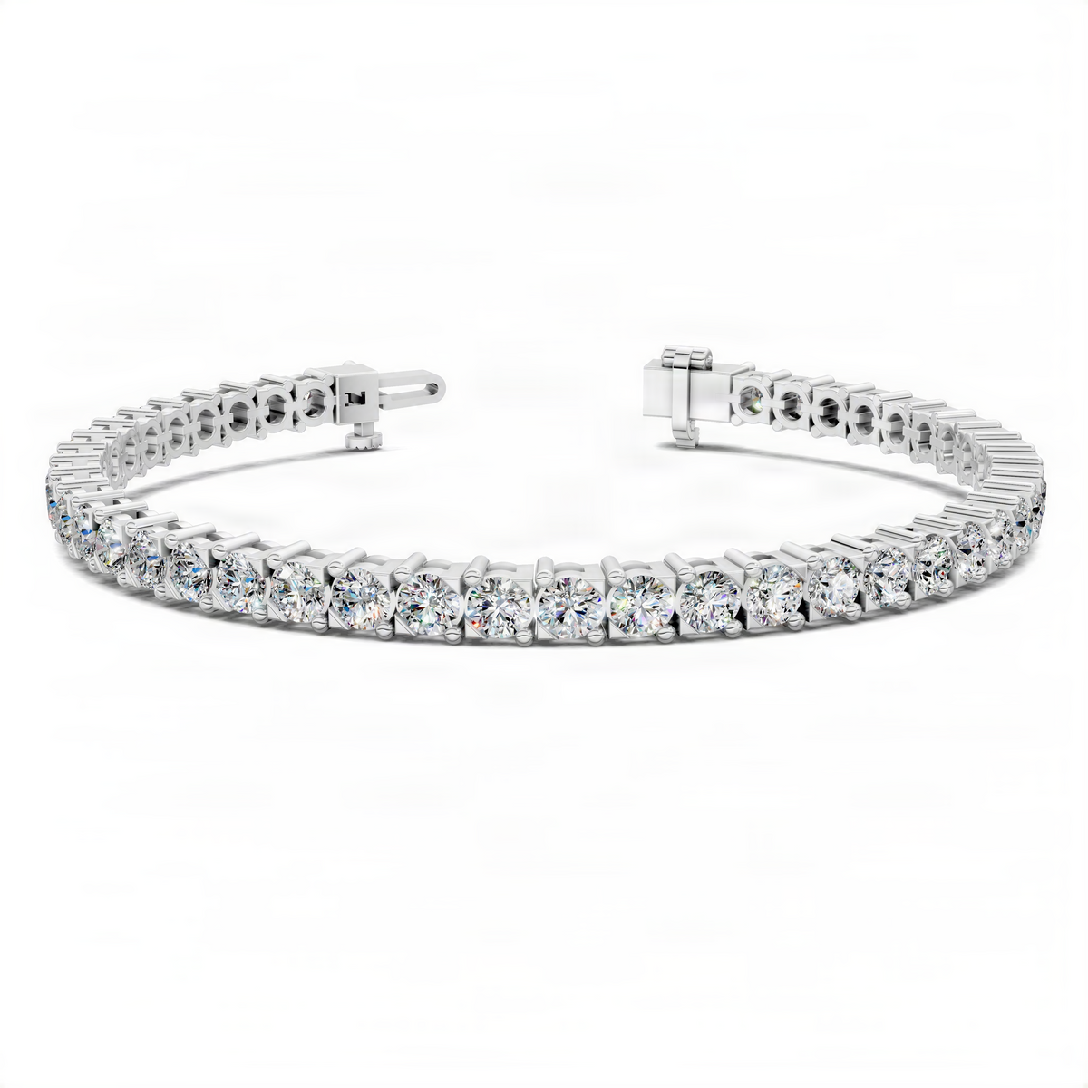 White metal tennis bracelet featuring round prong-set stones and clasp
