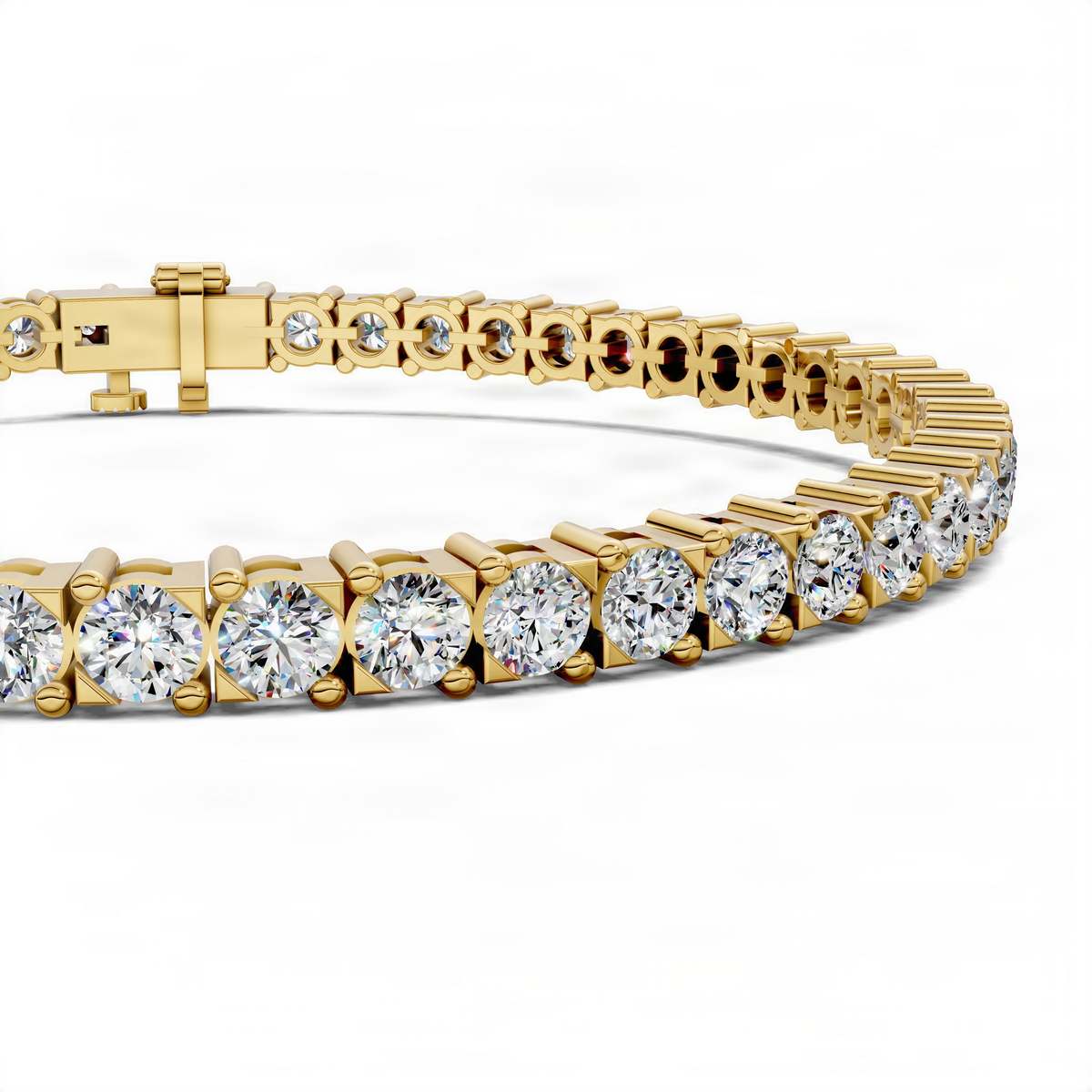 Yellow gold-tone tennis bracelet with round prong-set stones and side profile