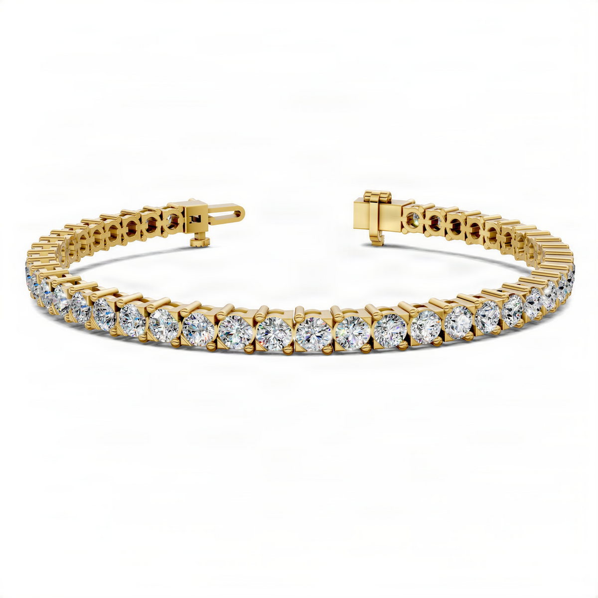 Yellow gold-tone tennis bracelet with round prong-set stones and clasp detail