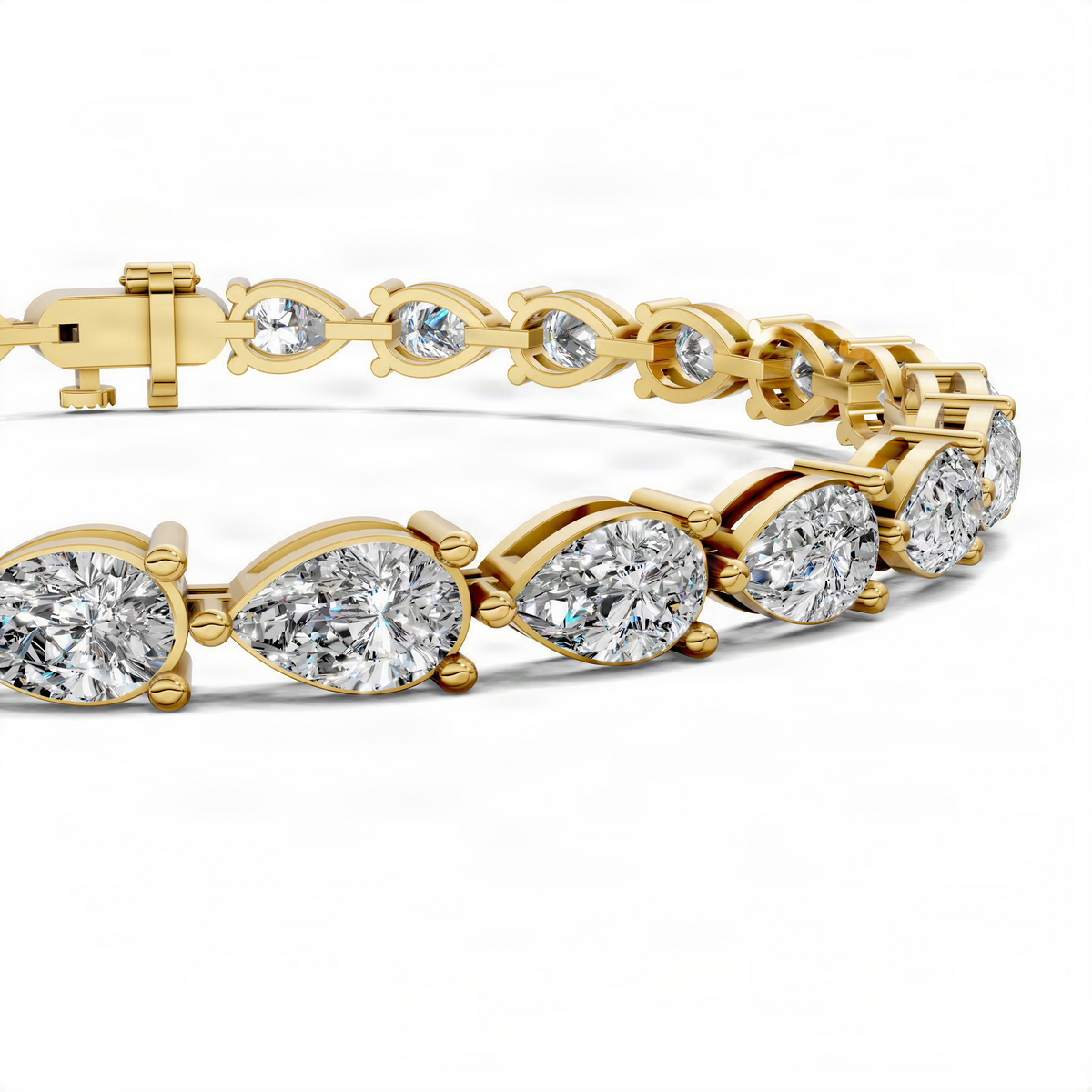 14K yellow gold tennis bracelet with round diamond-like stones, hinged clasp visible