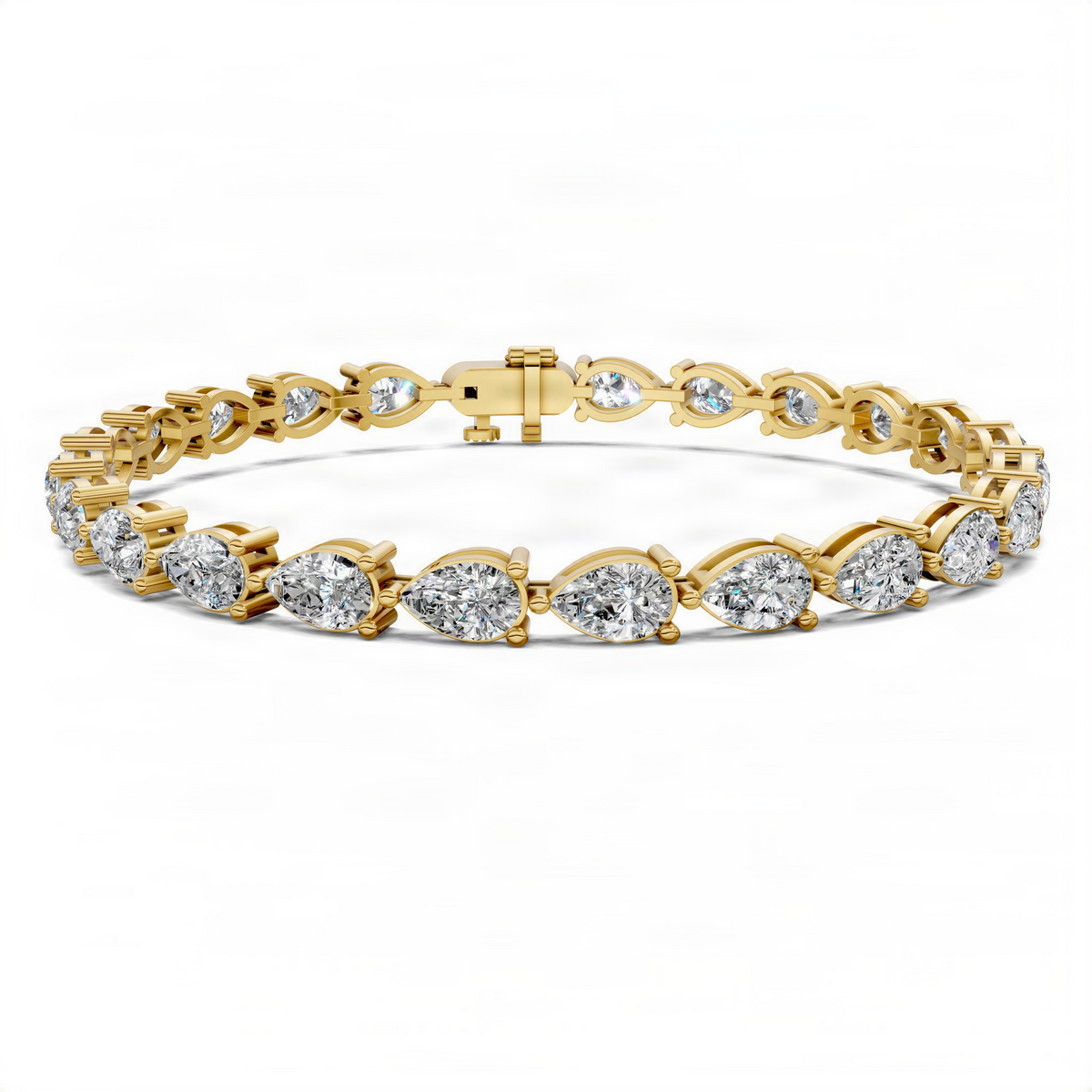 Yellow gold tennis bracelet with round diamond-like stones and secure clasp