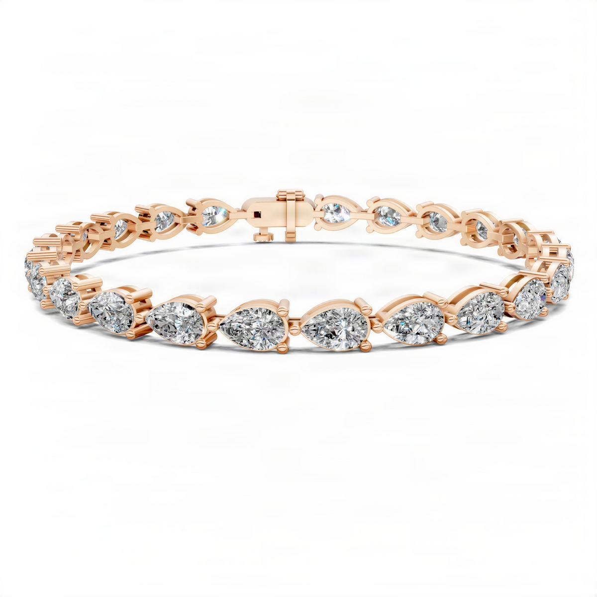 Rose gold tennis bracelet with round diamond-like stones, clasp and row shown