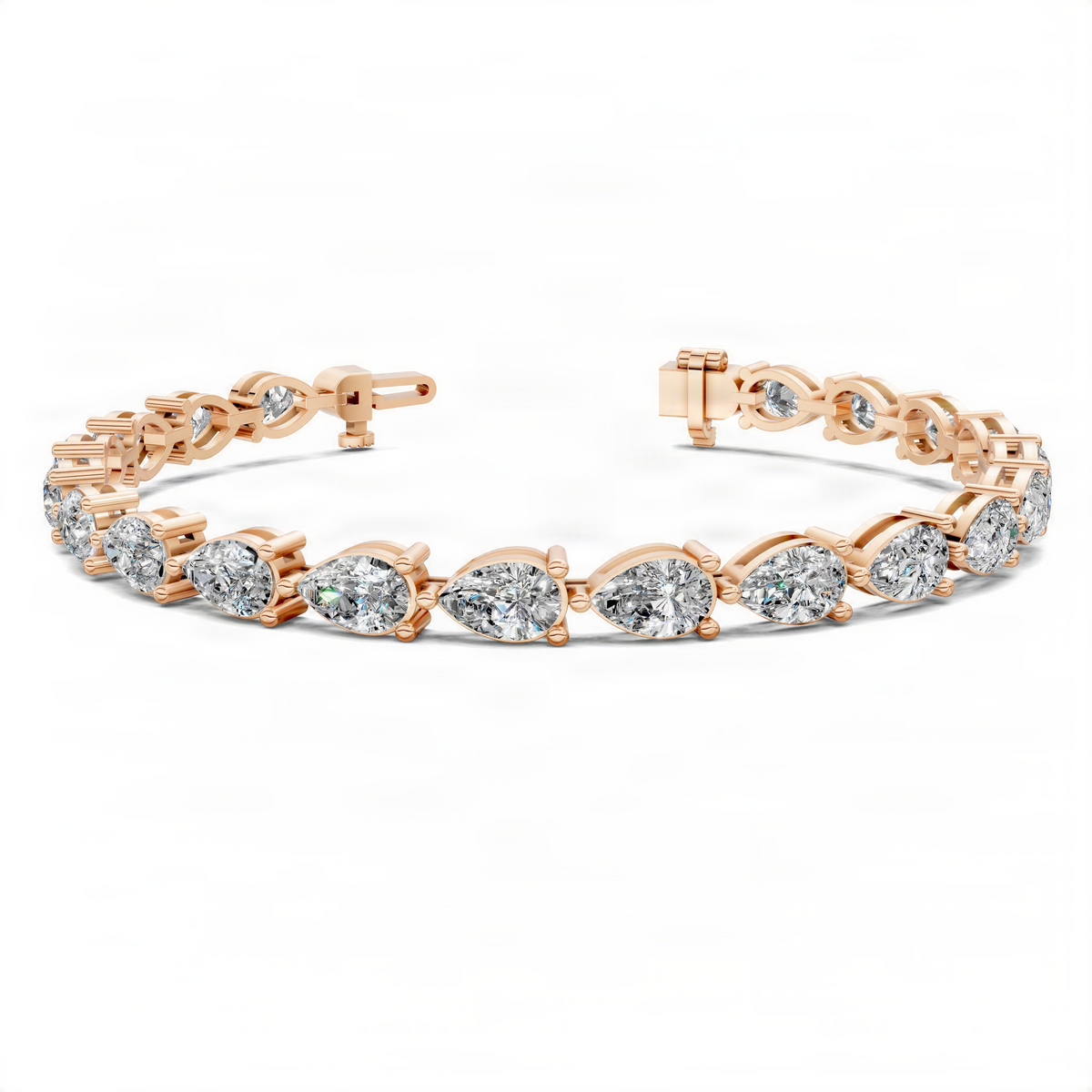 Rose gold tennis bracelet with round diamond-like stones, clasp and link detail