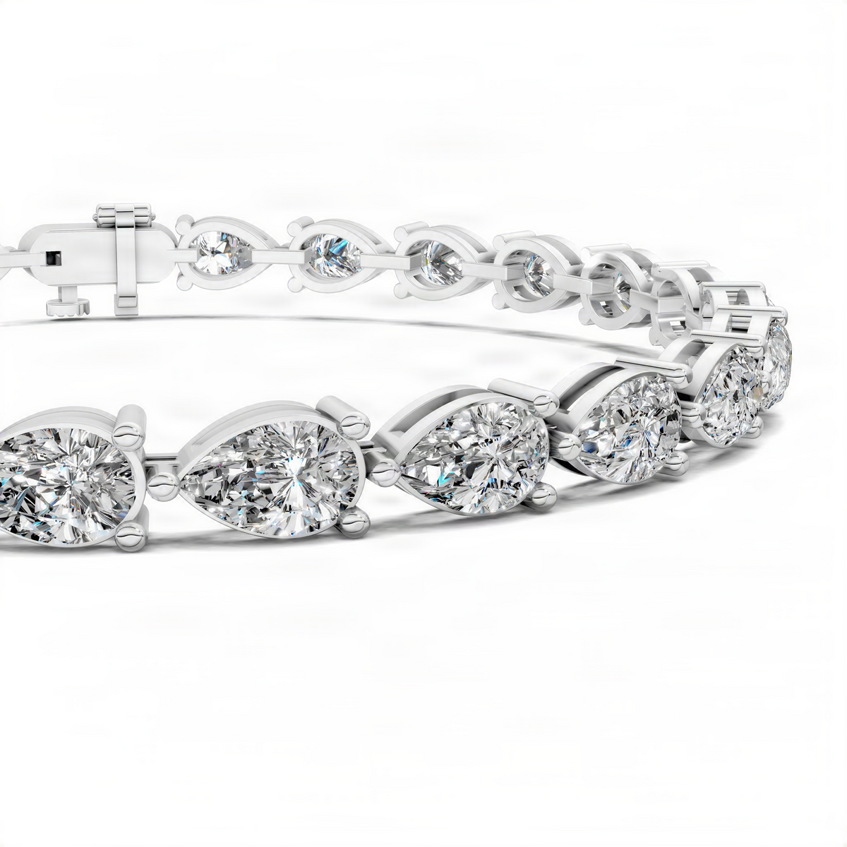 White gold tennis bracelet with round diamond-like stones and hinged clasp