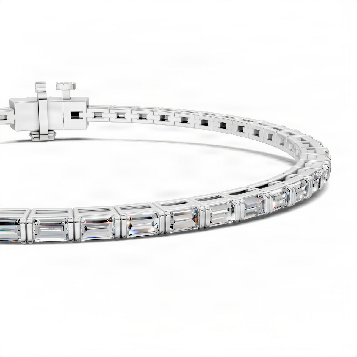 White gold tennis bracelet with square clasp and light blue baguette stones