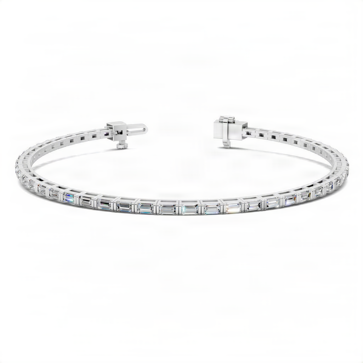 White gold tennis bracelet with square clasp and light blue baguette stones