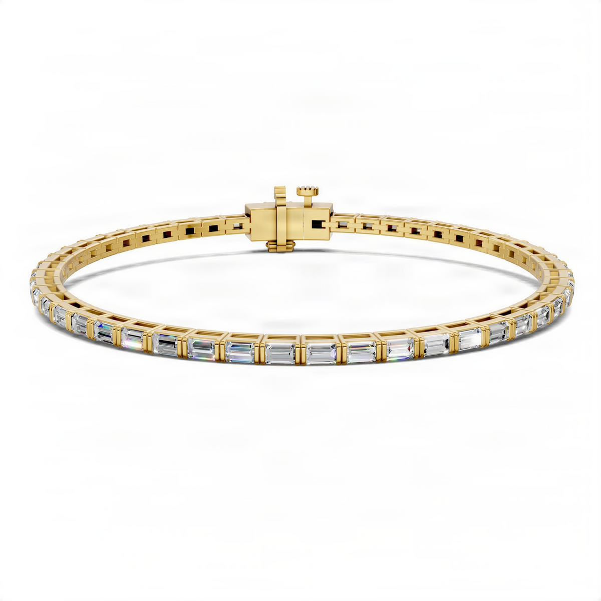 Yellow gold tennis bracelet with square clasp and light blue baguette stones