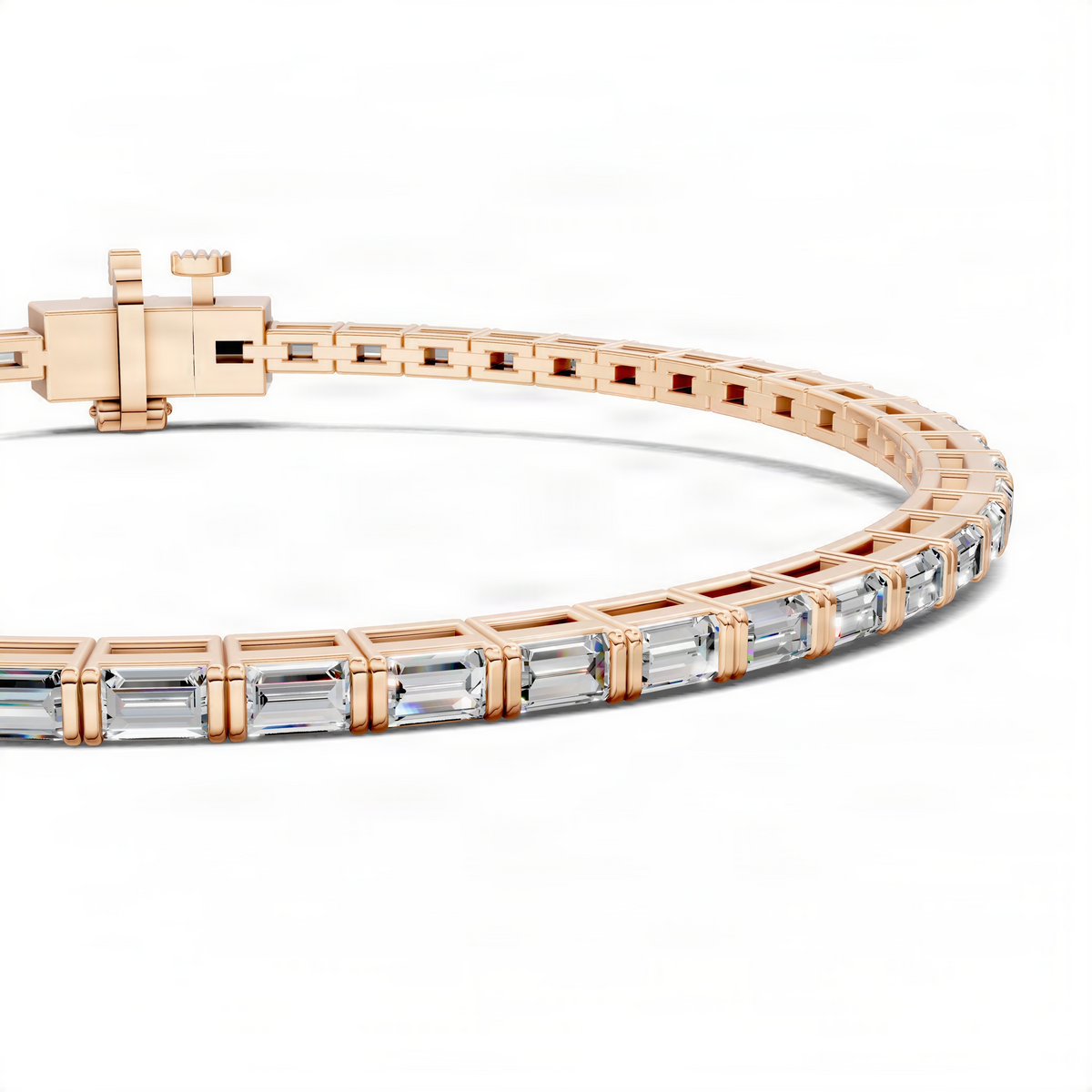 Rose gold tennis bracelet with square clasp and light blue baguette stones