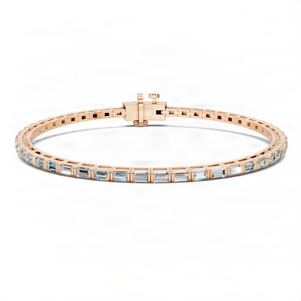 Rose gold tennis bracelet with square clasp and light blue baguette stones