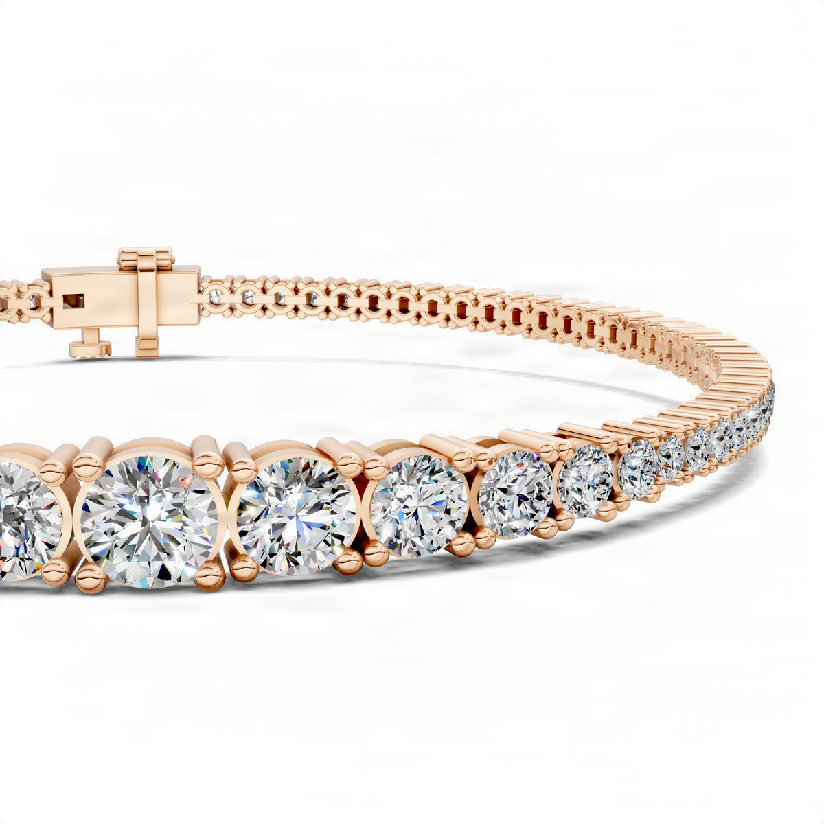 Rose gold tennis bracelet with round diamond-like stones and box clasp