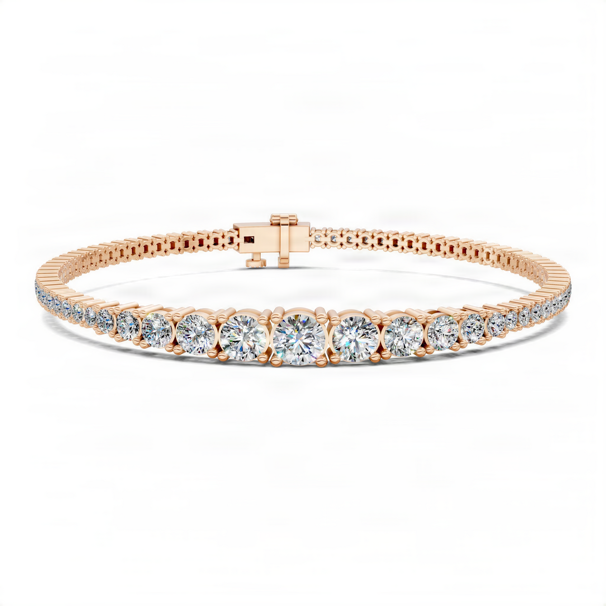 Rose gold tennis bracelet with oval and round diamond-like stones, box clasp