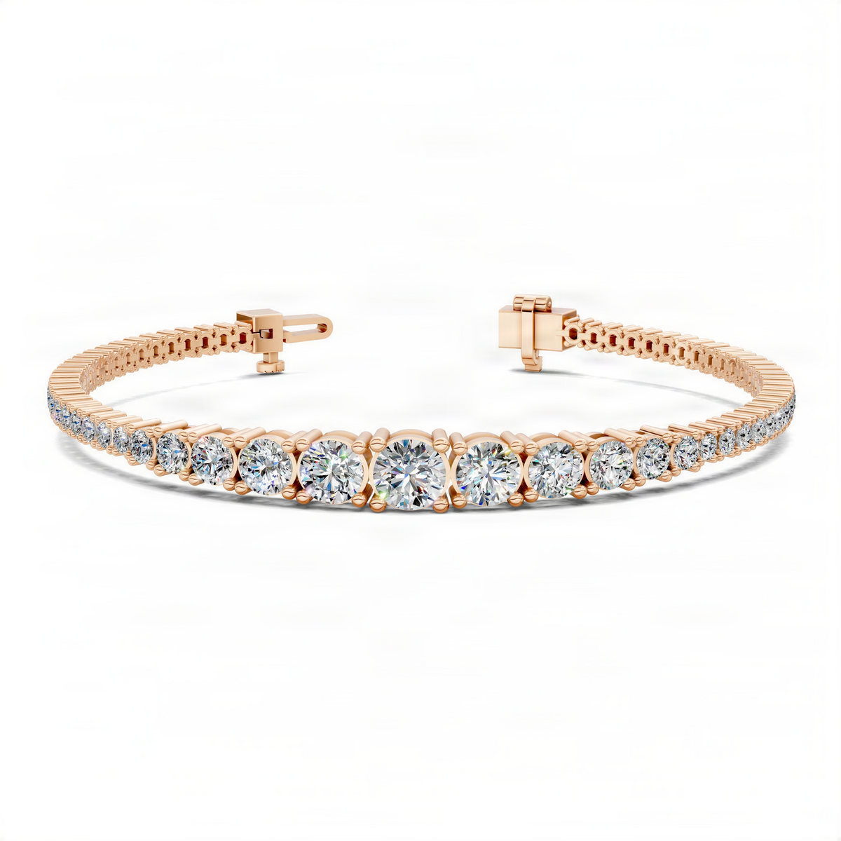 Rose gold tennis bracelet with round diamond-like stones and box clasp