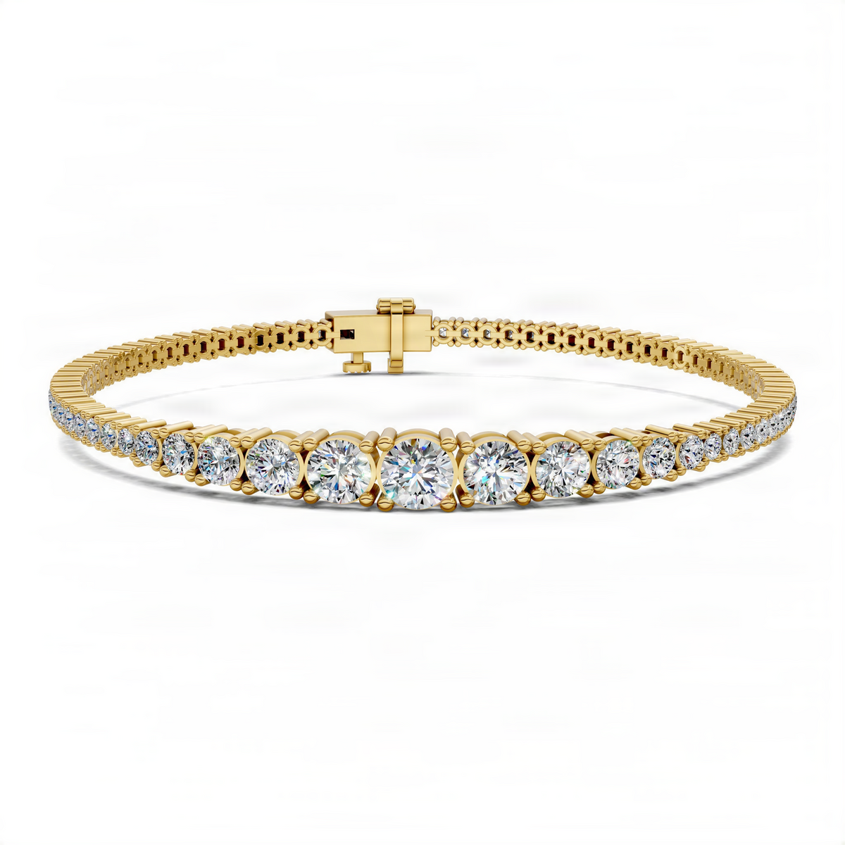 Yellow gold tennis bracelet with oval and round diamond-like stones, box clasp